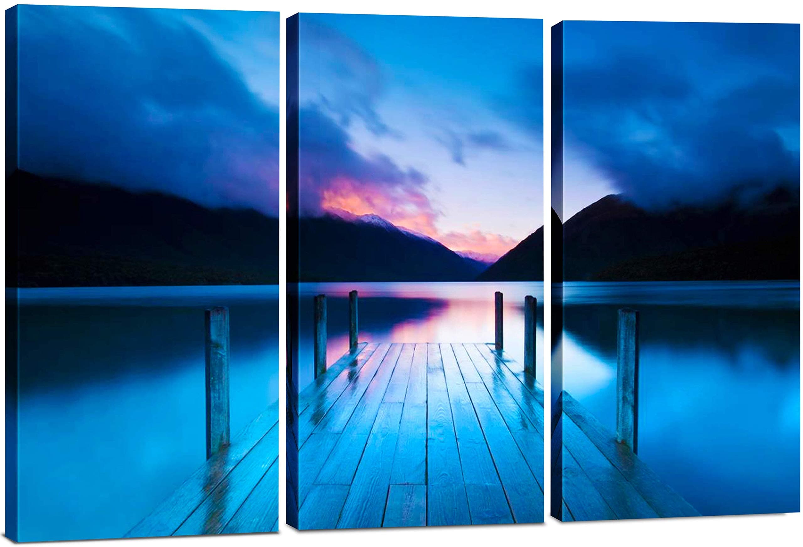 Sunset Pier Wall Art Decor - 3 Piece Set, Decorative Framed Lake with Dock Canvas Art Multi Panel Split Prints for Living Room, Kitchen, Bedroom, Office & Home Decor Gift