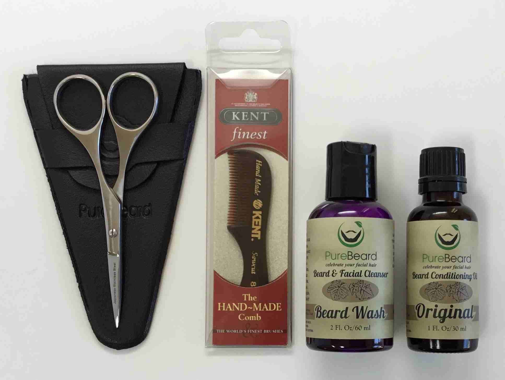 Mustache & Beard Trimming Scissors with Kent 81T Beard Comb, Beard Oil, and Beard Wash