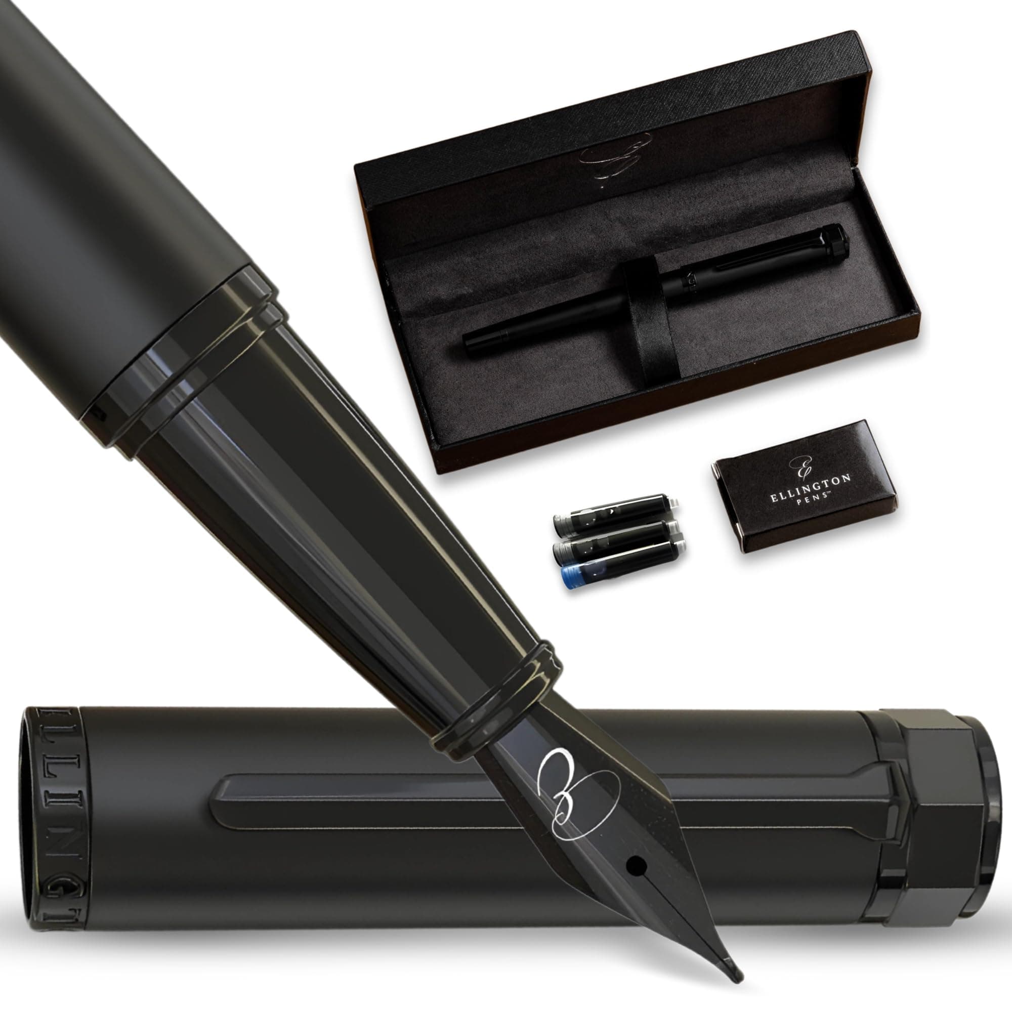 Ellington Pens Luxury Fountain Pen Set - Smooth Medium Nib - Includes 3 Ink Cartridges, Refillable Ink Converter, Gift Box - Fountain Pens For Writing, Calligraphy, Journaling, Sketching (The Stealth)
