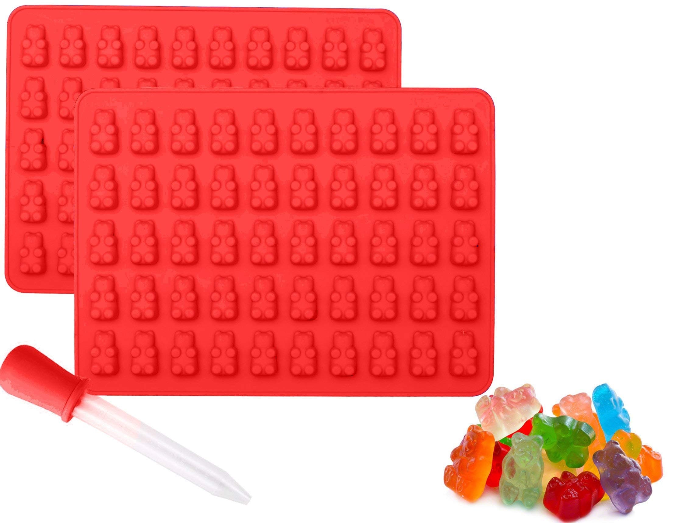 Gummy Bear Silicone Chocolate Molds and Candy Making Molds 2 Pack Plus Bonus Dropper for easy filling Make 100 Gummy Bears on Trays BPA Free, Freezer, Oven and Dishwasher safe (2 Pack, Red)