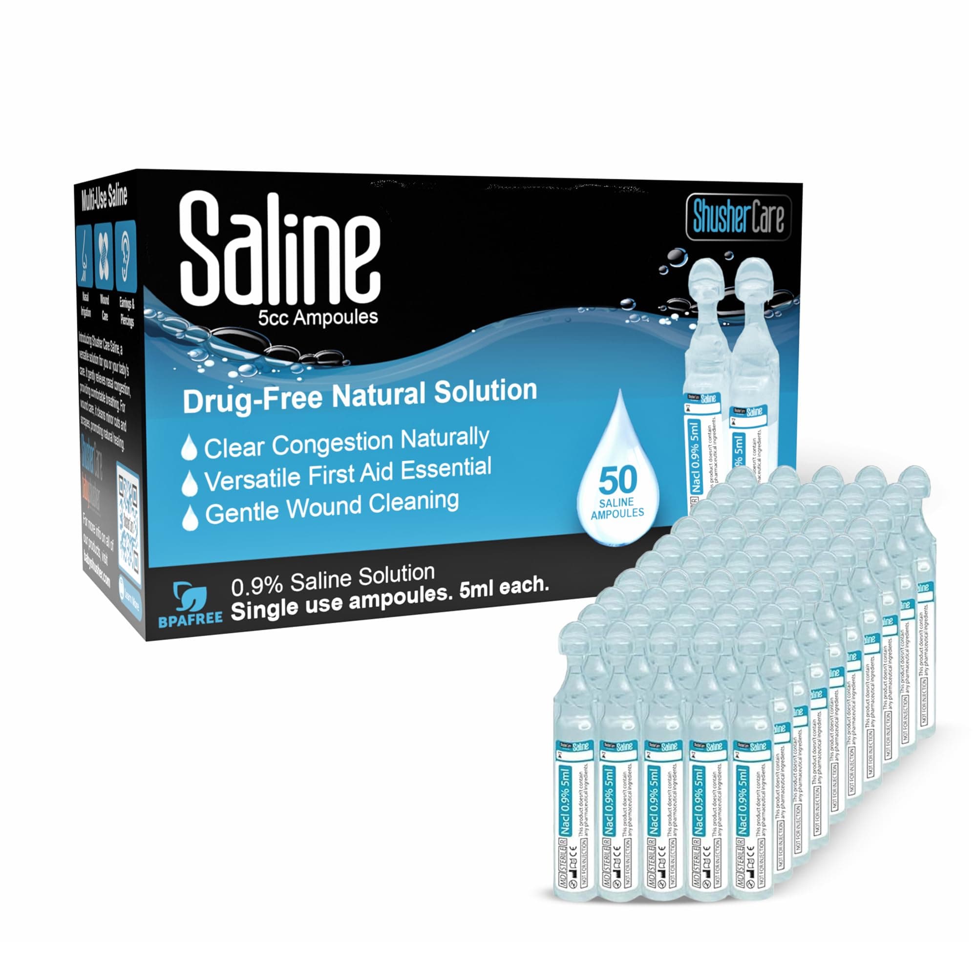 Saline Ampoules - Saline Solution for Nebulizer, Sodium Chloride 0.9% for Nose, Nasal Cleanse for Babies, Kids, & Adults, Sterile Nasal Care, Wound Cleansing - 50 Count (5ml Each)