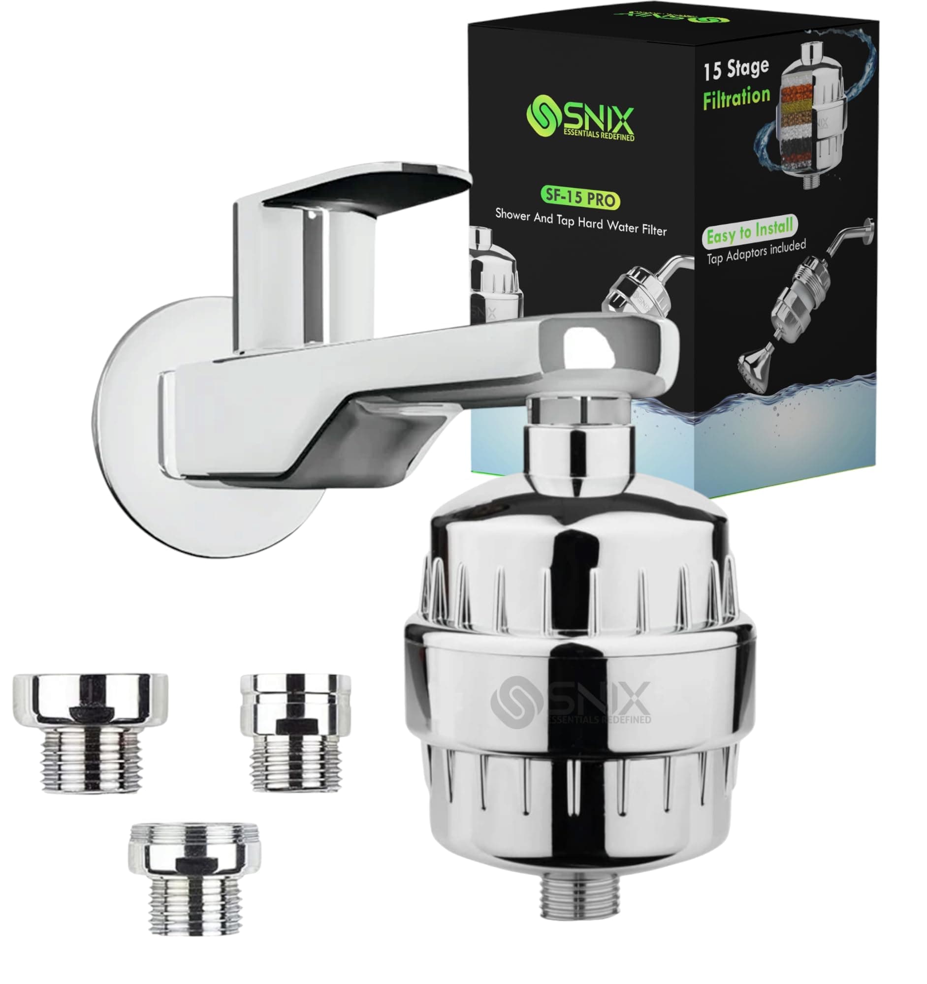 SNIX ESSENTIALS REDEFINED Shower Filter Water Softener for Bathroom | Hard Water Softener for Tap Improves Water Quality | Tap Adaptors Included, Easy-to-Install Water Softener
