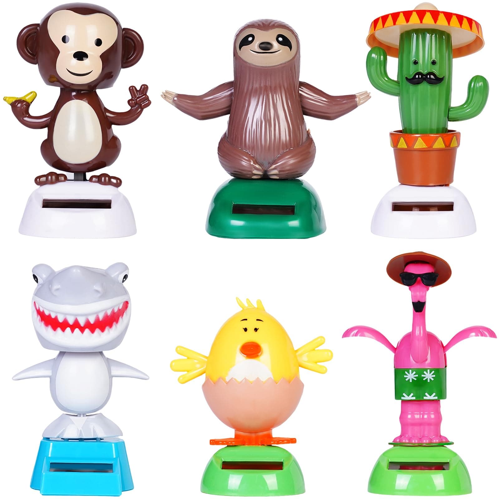 6 Pcs Dancing Monkey Toy Solar Powered Dancing Animal Dolls Swinging Animated Bobble Dancer Window Sun Catcher Car Decor Portable Suncatchers,Hen Shark Flamingo Cactu Home Car Ornament Toys Gifts