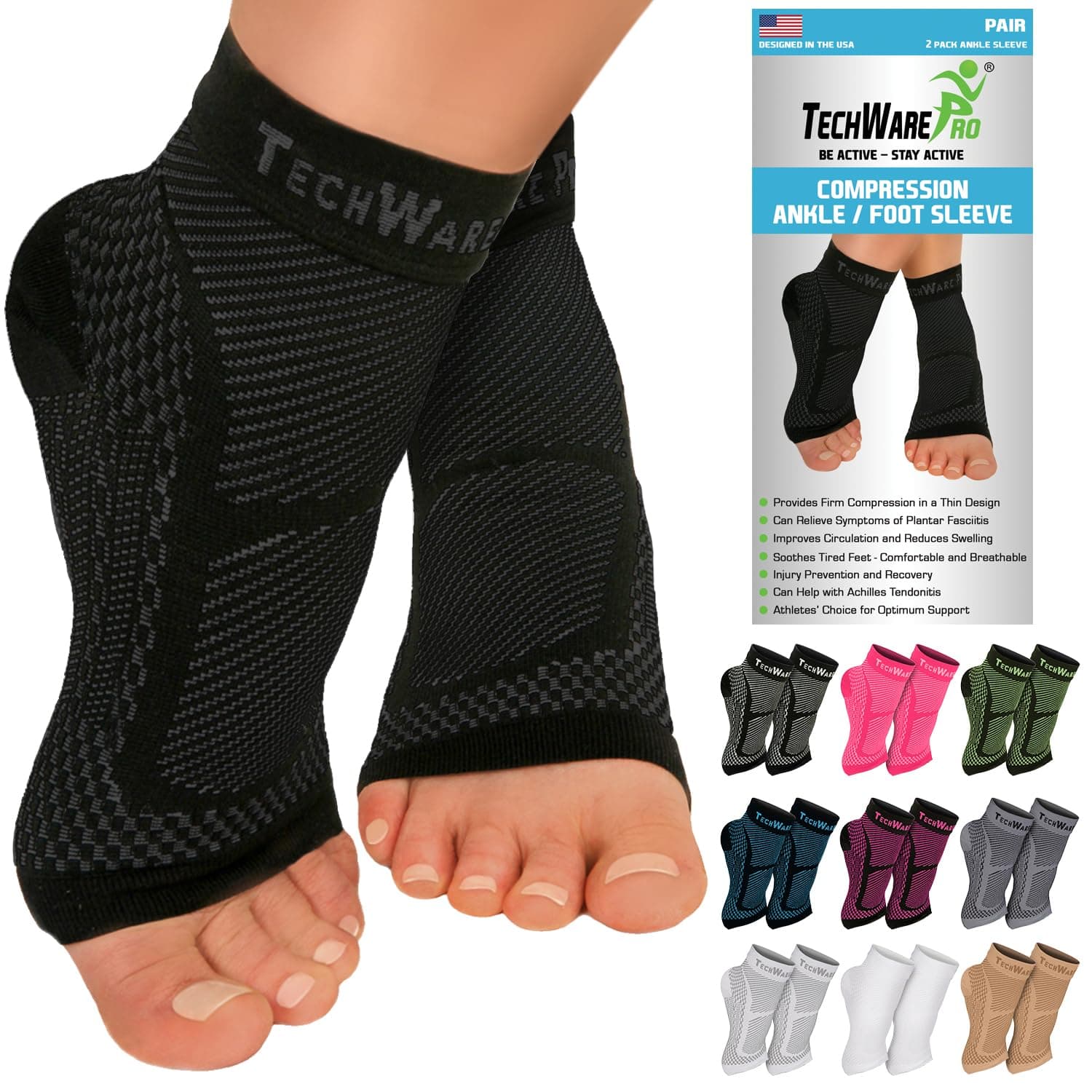 TechWare Pro Ankle Brace Compression Sleeve - Plantar Fasciitis Sock. Relieves Achilles Tendonitis. Foot Arch Support Reduces Joint Pain, Swelling & Heel Spur Pain. Injury Recovery Braces for Sports