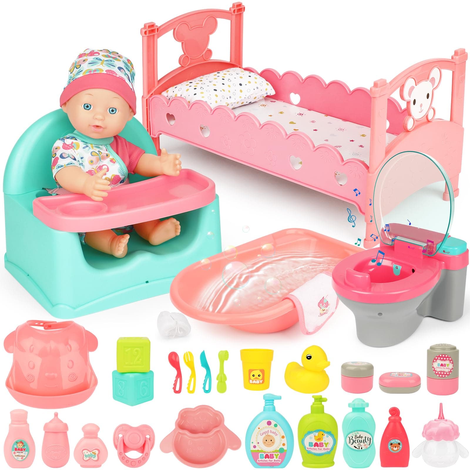 deAO Baby Dolls with Lifelike Function, 33 cm Bath Doll with Romper Doll Bath Bed Seat, Can Drink and PIPI, 31 Pieces Toy Doll with Accessories, Gift Set for Children from 3 Years