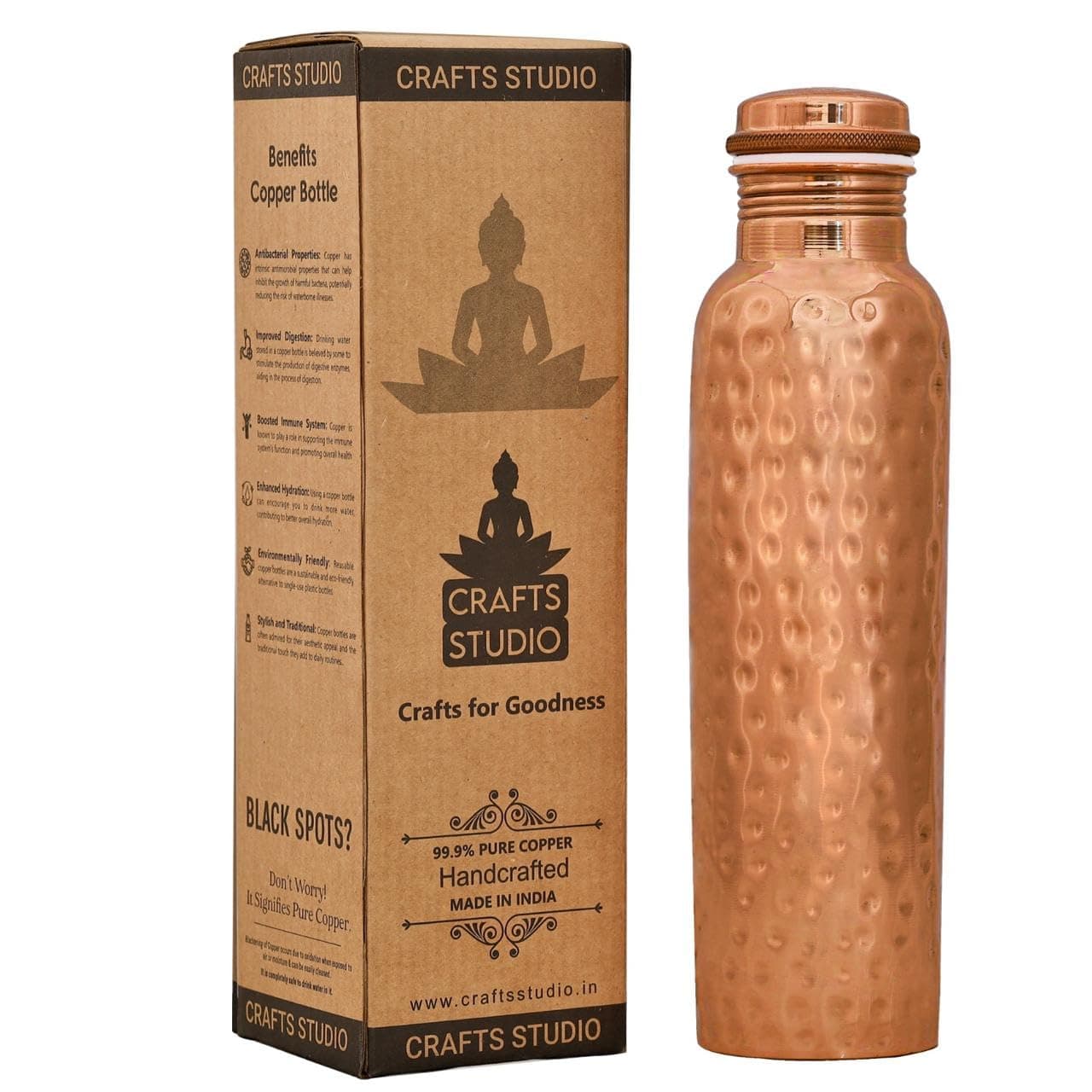 CRAFTS STUDIO Copper Water Bottle 950 ML / 32 Oz,Handmade Hammered pure copper water vessels, Ayurvedic Healing Benefit