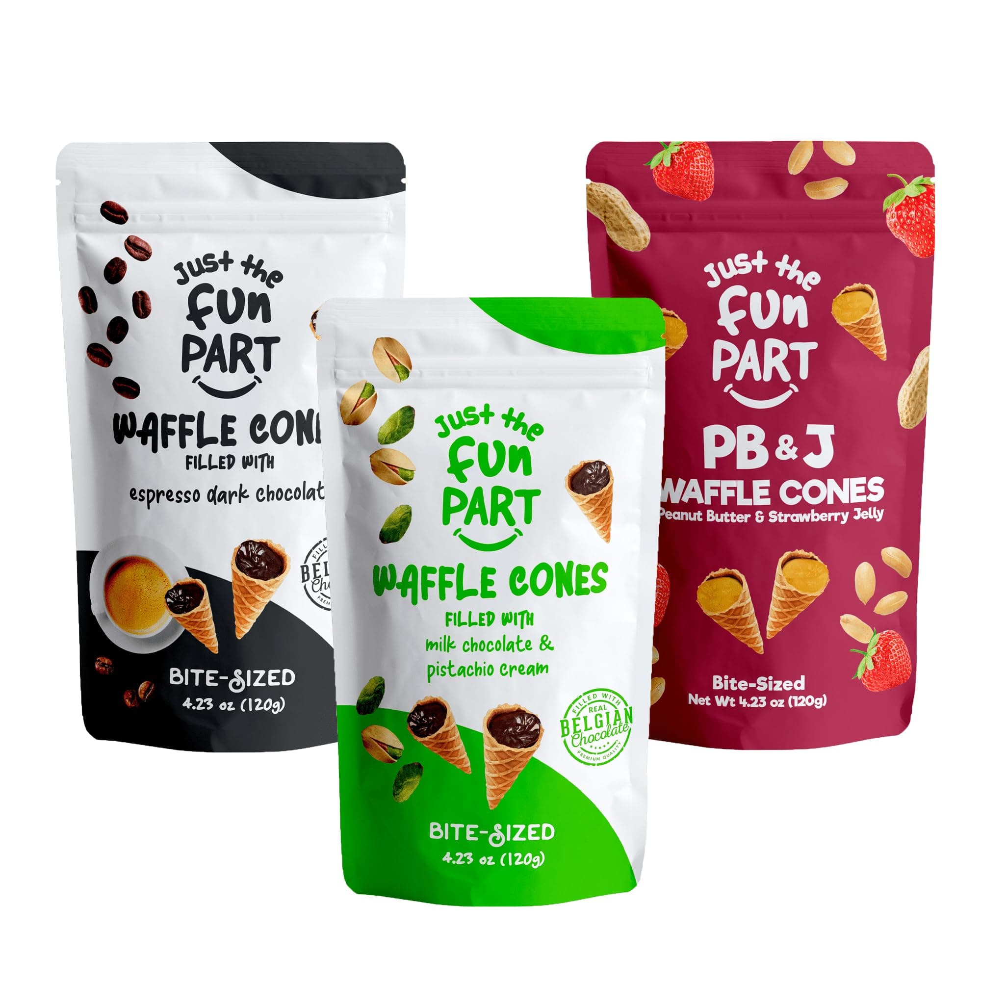 Just The Fun Part, Bite-Size Crispy Mini Waffle Cones with Premium Belgian Chocolate, Great for Snacks, Dessert, Grab & Go - Kosher (Espresso, Pistachio, PB & J Variety Pack)