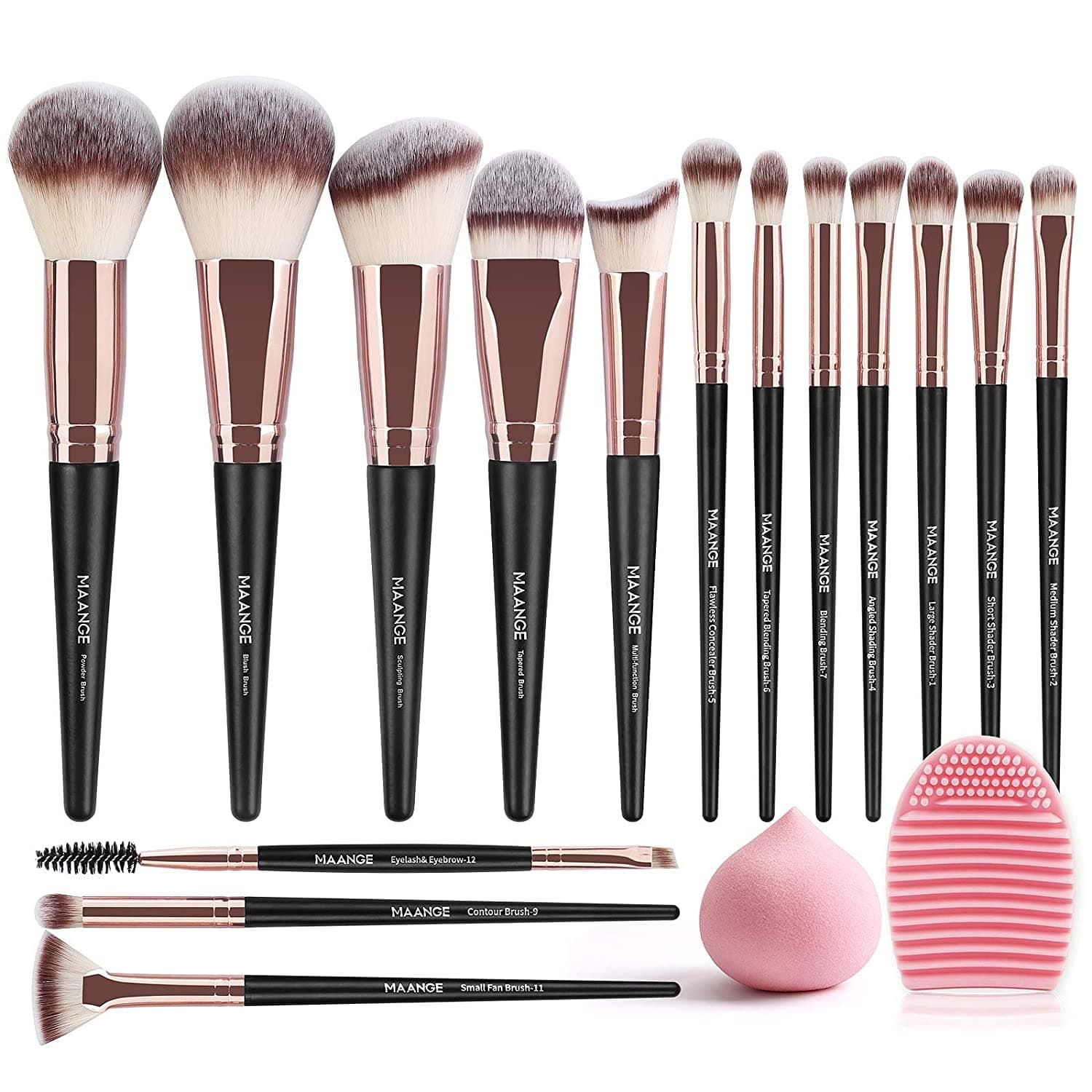 MAANGE Professional Makeup Brushes 15 Pcs Synthetic Makeup Brushes Set with 1 Makeup Sponge & 1 Brush Cleaner (Black Gold)