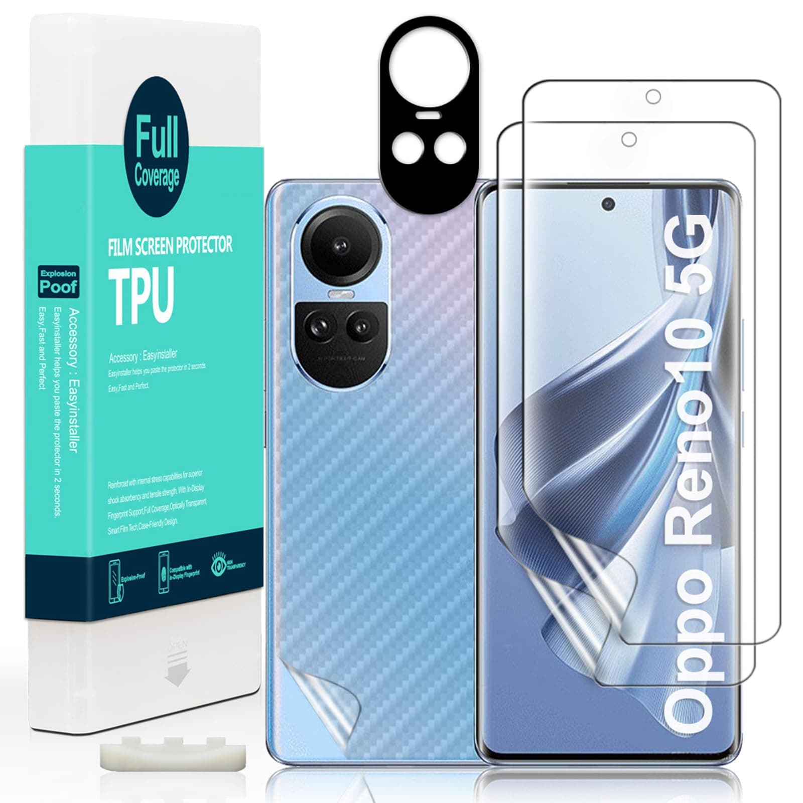 Screen Protector For Oppo Reno10 5G(6.7"),with 2Pcs Flexible TPU Film,1Pc Camera Lens Protector,1Pc Backing Carbon Fiber Film[Fingerprint Reader,Easy to install]