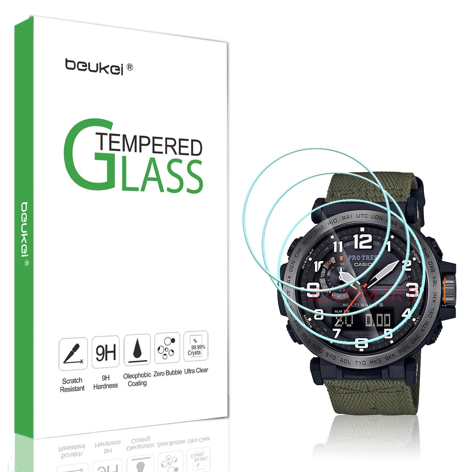 beukei (3 Pack) Compatible for Casio PRG-600/650 / PRW-6600 Screen Protector Tempered Glass, (36 mm),Anti Scratch, Bubble Free