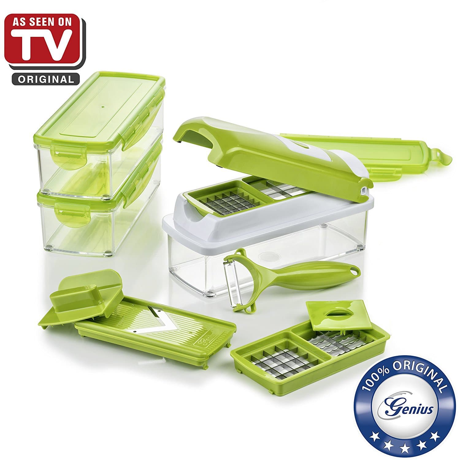 Plus Compact by Genius | 13 pieces | Fruit and vegtable slicer | Food-Chopper PRO| Mandoline | Potato, Tomato, Onion, Cheese | Kitchen-Cutter | Food-Dicer | Stainless Steel | As seen on TV