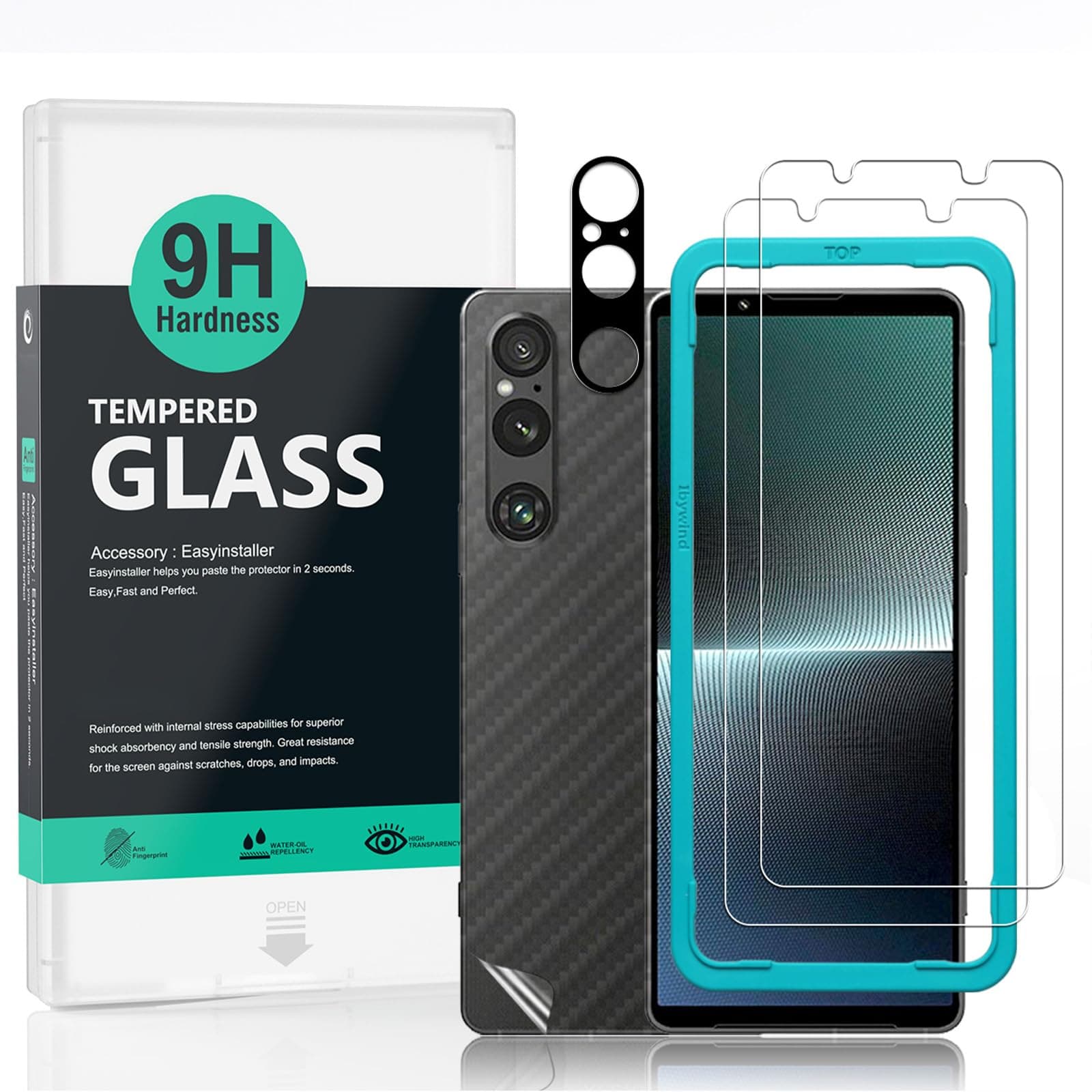 Ibywind For Sony Xperia 1 V 5G Screen Protector 6.5",2 Pack 9H Hardness Tempered Glass,With 1Pc Camera Lens Protector,1Pc Back Carbon Fiber Film,Easy to install