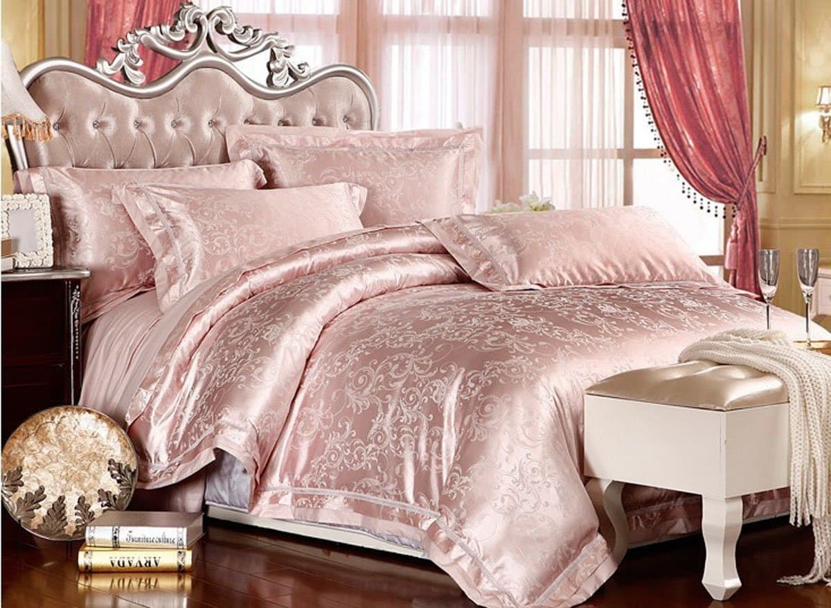 Soft Pink Silk Bedding Set Queen King Size 4pcs Noble Luxury Bed Set Linen Tribute Silk Satin Duvet Cover Sheet Bedclothes (King)