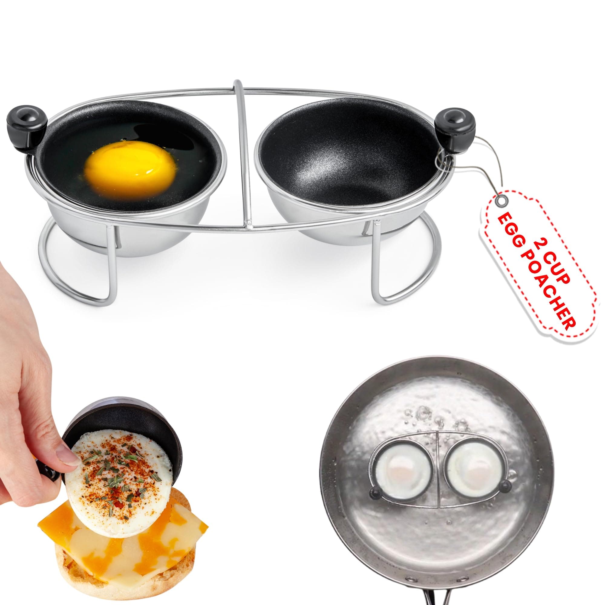 Egg Poacher | Stainless Steel Egg Rack | 2 Poached Egg Maker Cups PFOA Free Nonstick | 6.25 inches Egg Steamer Rack Fits Many Sized Pans Skillets and Pressure Cookers …