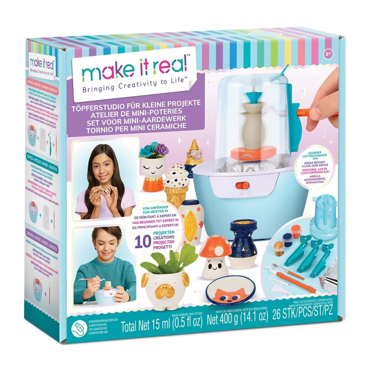 Make It Real Mini Pottery Studio - 26-Piece DIY Pottery Kit with Mess-Free Air Dry Clay - Create 10 Miniature Projects, Beginner to Master Levels - Innovative Centering Tool - Great for Kids Ages 8