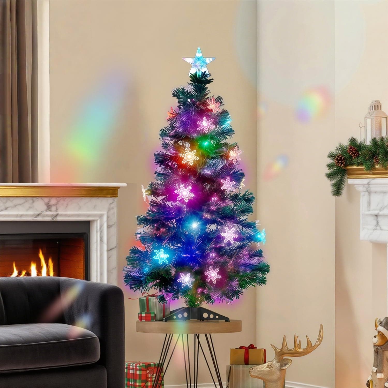 Juegoal 3 ft Pre-Lit Green Artificial Christmas Tree, Lighted Optical Fiber Table Mini Xmas Trees with Color Changing Lights, Snowflakes & Top Star, Fake Multicolored Tree for Festive Party Holiday