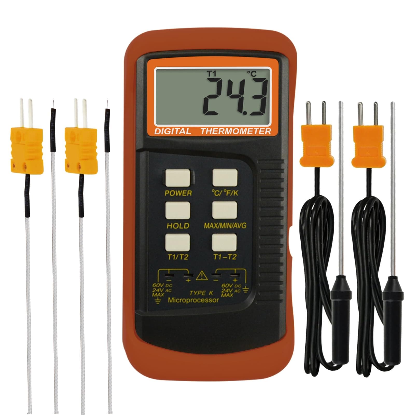 Digital K-Type Thermometer with Dual Channels 4 Thermocouples (Wired & Stainless Steel), Handheld Desktop High Temperature Kelvin Scale Sensor Tester Temperature Range -50~1300°C (-58~2372°F)