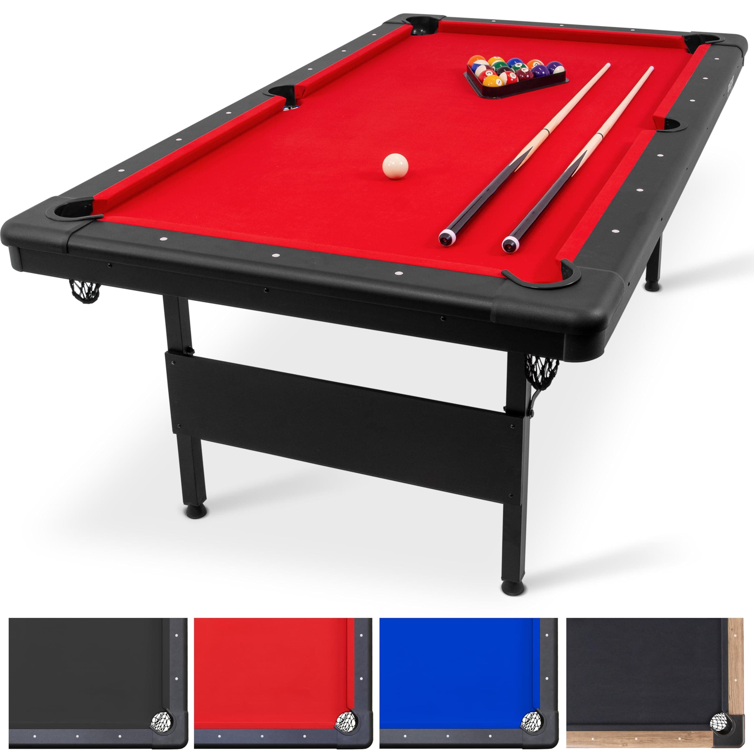 GoSports 6ft or 7ft Billiards Table - Portable Pool Table - Includes Full Set of Balls, 2 Cue Sticks, Chalk, and Felt Brush; Choose Your Size