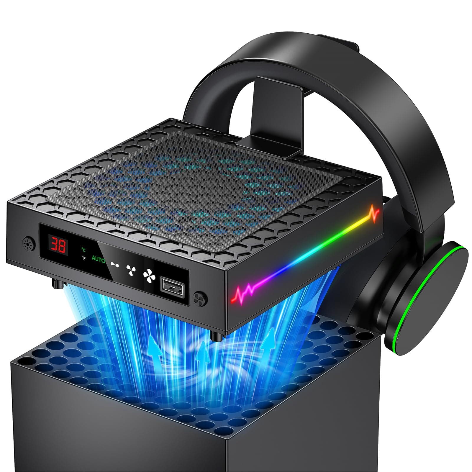 – LED Display Auto Cooling Fan for Xbox Series X with 9 RGB Light Modes & Dust Cover, Cooling System Adjustable by Temperature with 4 Gears for Xbox Series X Console, Cooler & Headset Hook, USB Port