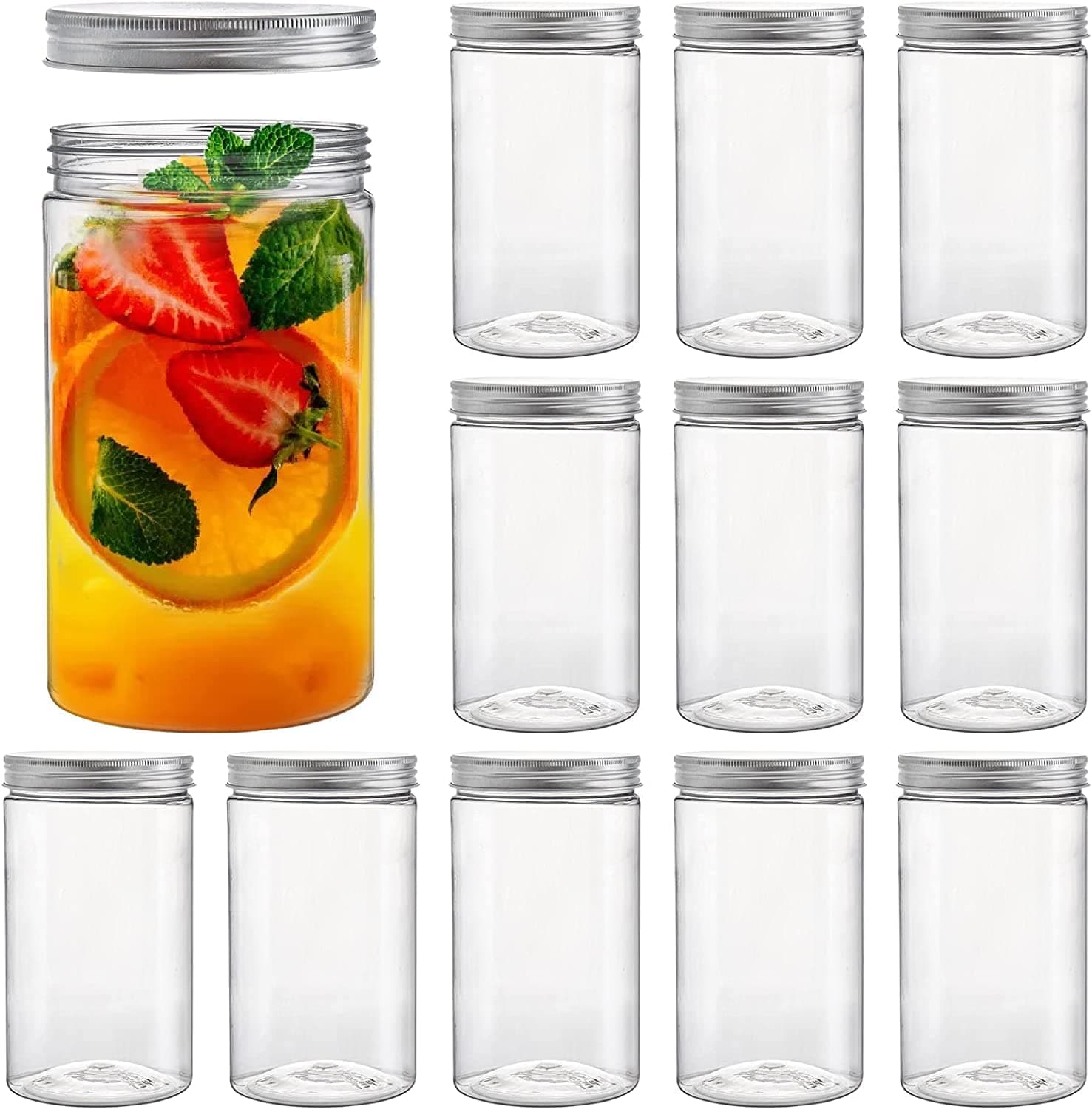 ECVV Clear Round Plastic Jars Bottles Containers with Silver Ribbed Lids, 30oz Straight Cylinders Storage Canisters for Food & Home Storage (12PACK)