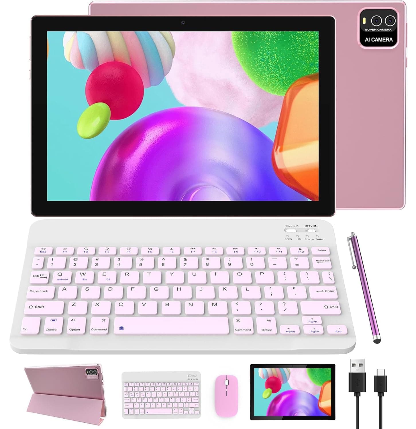 Android Tablet 2 in 1 Tablets 10 Inch Tablet with Keyboard Mouse Case Stylus Android 15 Tableta 8GB+64GB 1TB Expansion Computer 10.1" Tab 2MP+8MP Dual Camera 6000mAh Battery Bluetooth 5G WIFI Tableta.
