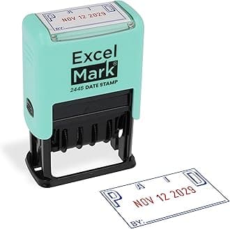 ExcelMark 2445 Date Stamp with Text - Blue and Red Ink (Seafoam Mount, Paid)