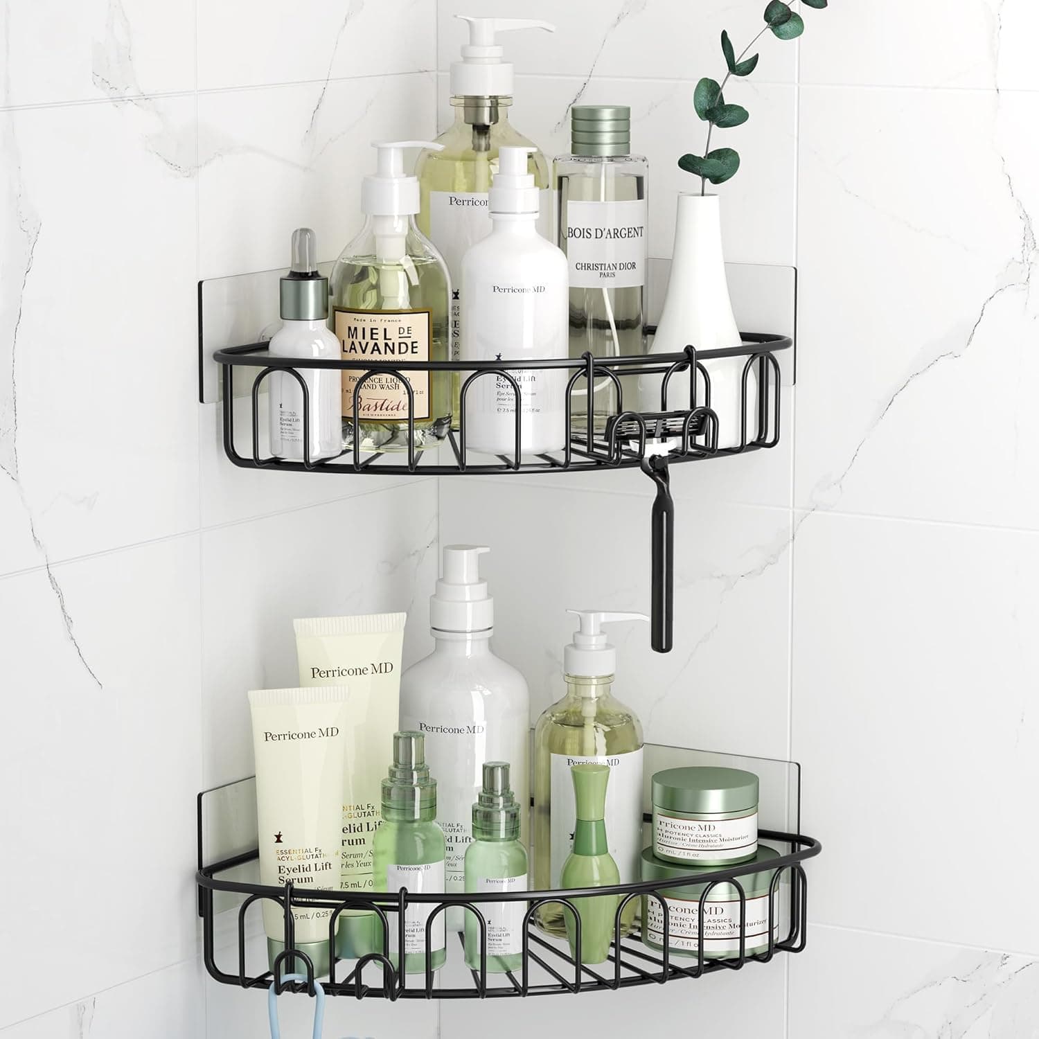 Corner Shower Caddy with 2 Hooks Wall Mounted Metal Bathroom Shelf Storage Organizer Adhesive No Drilling 2 Pack, Black Only for 90-Degree Corner