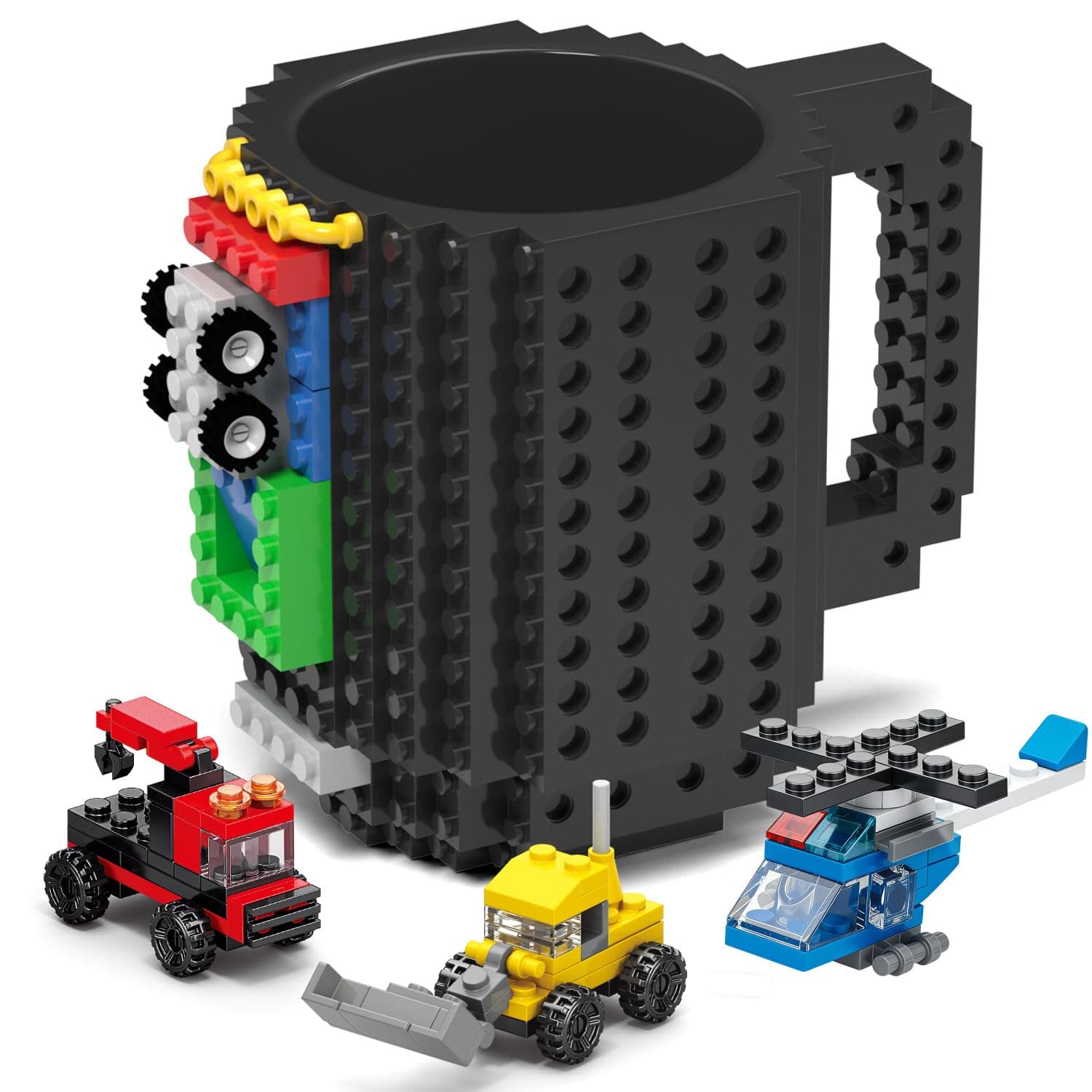DAYMOO Build-on Brick Mug Set with 3 Random Packs of 2-in-1 Bricks, Cool Coffee Mugs for Kids, Creative Novelty Funny Coffee Mug Cup Gift for Kids Men Dad Adults Women Xmas Christmas - Black