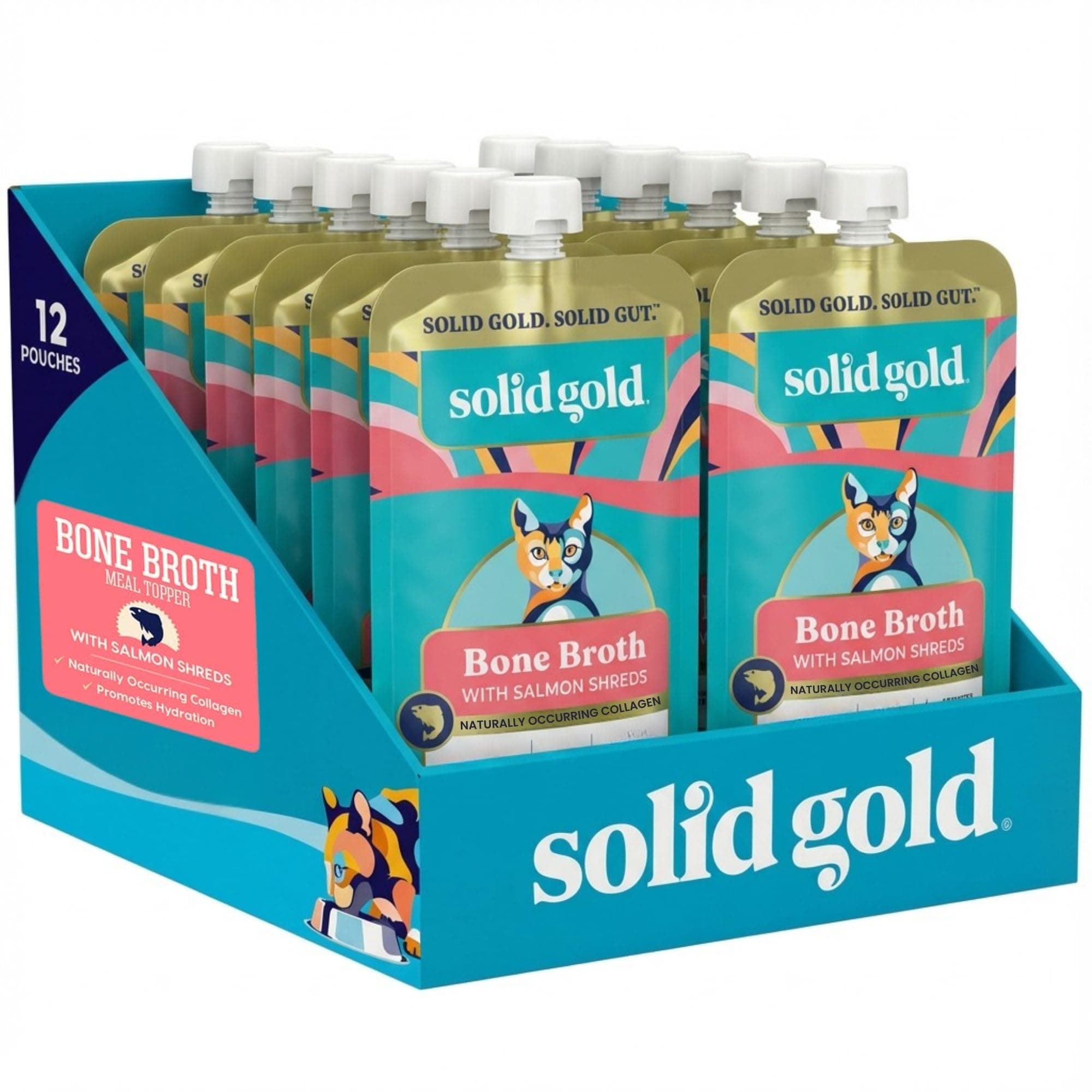 Solid Gold Bone Broth Cat Food Topper - Lickable Wet Cat Food with Protein Shreds for Hydration - Easy to Serve Wet Cat Food Gravy Bone Broth for Cats - Healthy Cat Snacks Treats - Salmon -12 Pack