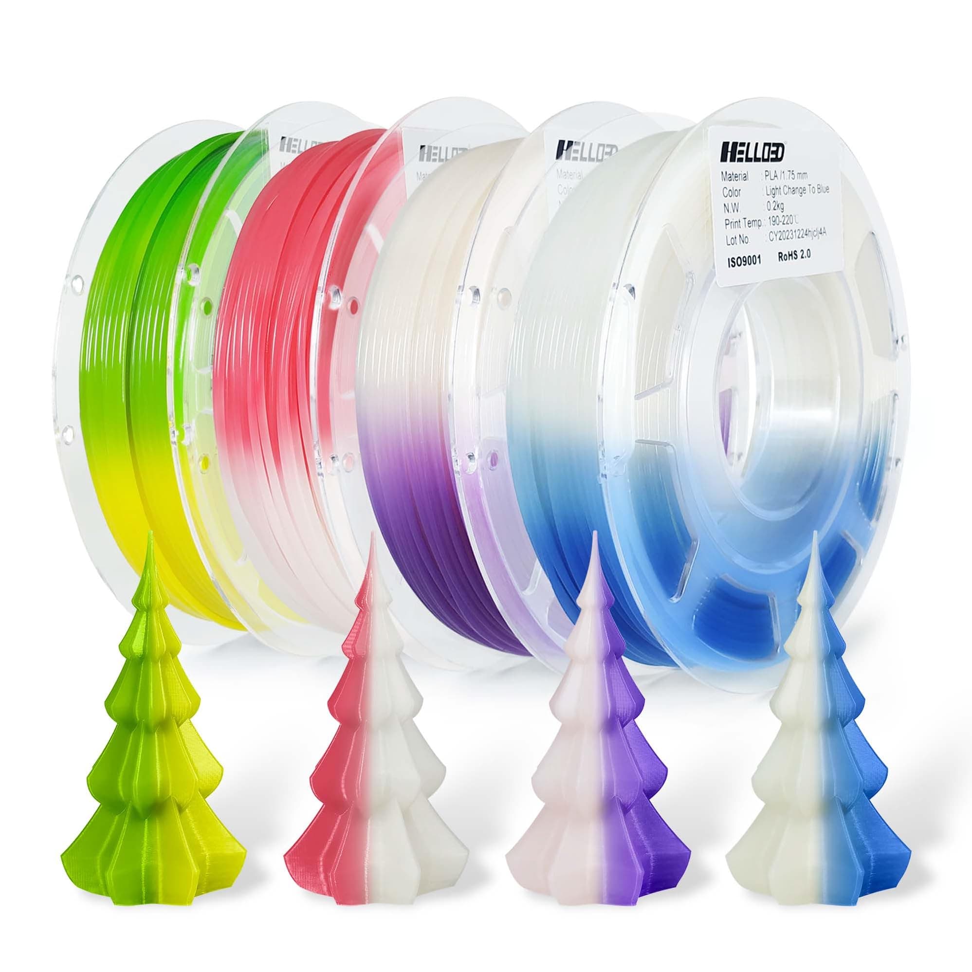 HELLO3D3D Printer Filament Bundle,Green to Yellow/Red to White Color Change with Temperature Filament Set,UV or Sunlight Color Change to Blue/Purple PLA Filament 1.75mm,200g X 4 Spools Packs