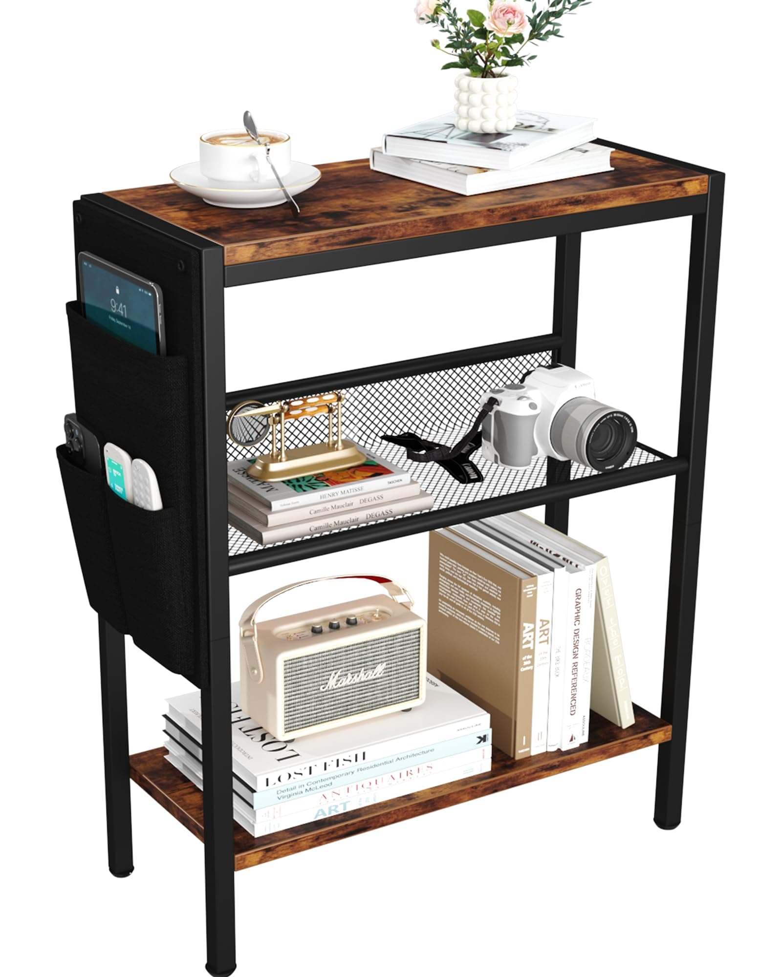 Yusong Small Narrow Side Table for Small Spaces, Slim End Table with Storage Bag, Sofa Snack Table with Adjustable Metal Mesh, 3 Tier Accent Skinny Beside Table for Living Room & Bedroom, Rustic Brown