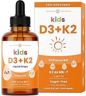 Kids Vitamin D 3 K2 Drops, Vitamin D3 & K2 MK-7, Liquid Vitamin D for Kids 1000 IU, Healthy Bones, Heart & Immune System, Sugar Free Supplement for Toddlers, 300 Servings