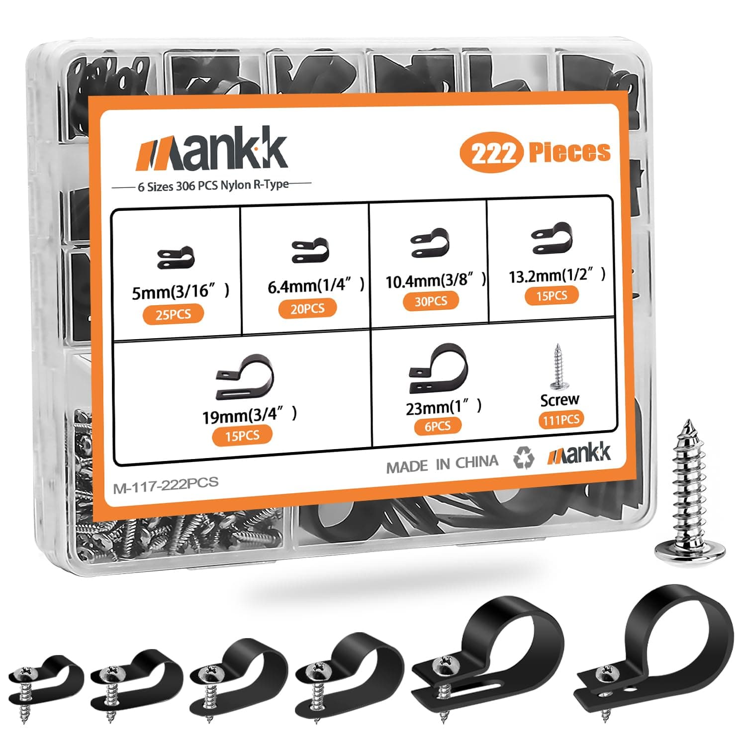 mankk 222PCS Cable Clips Wire Clips Assortment Kit Nylon Plastic R-Type Cable Clamps 6 Sizes (3/16'' 1/4'' 3/8'' 1/2'' 3/4'' 1'') Wire Mounting Clips with Screws for Cable Management