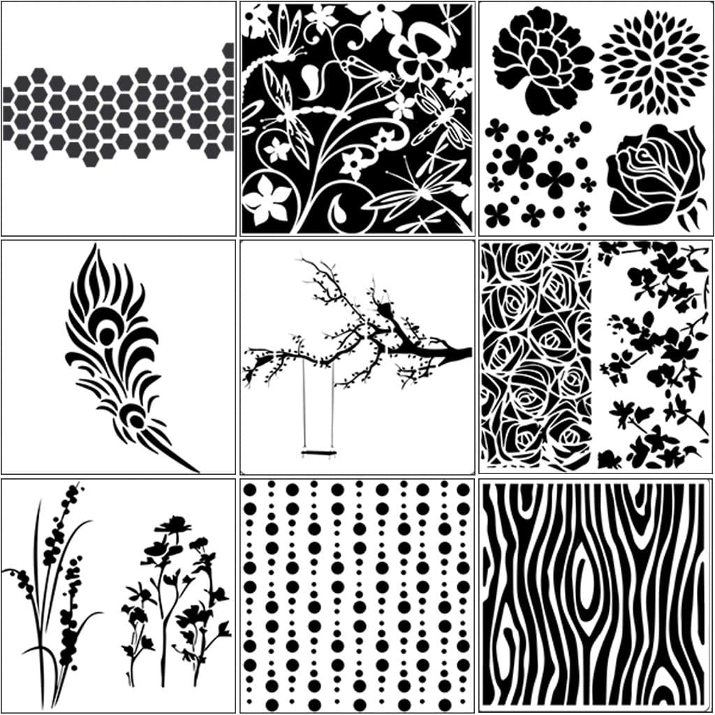 Yasheep Set of 9 Drawing Stencil -Different Patterns Plastic Planner DIY Drawing Template -Painting Stencil for Journaling Scrapbooking Card and Art Projects -Plant