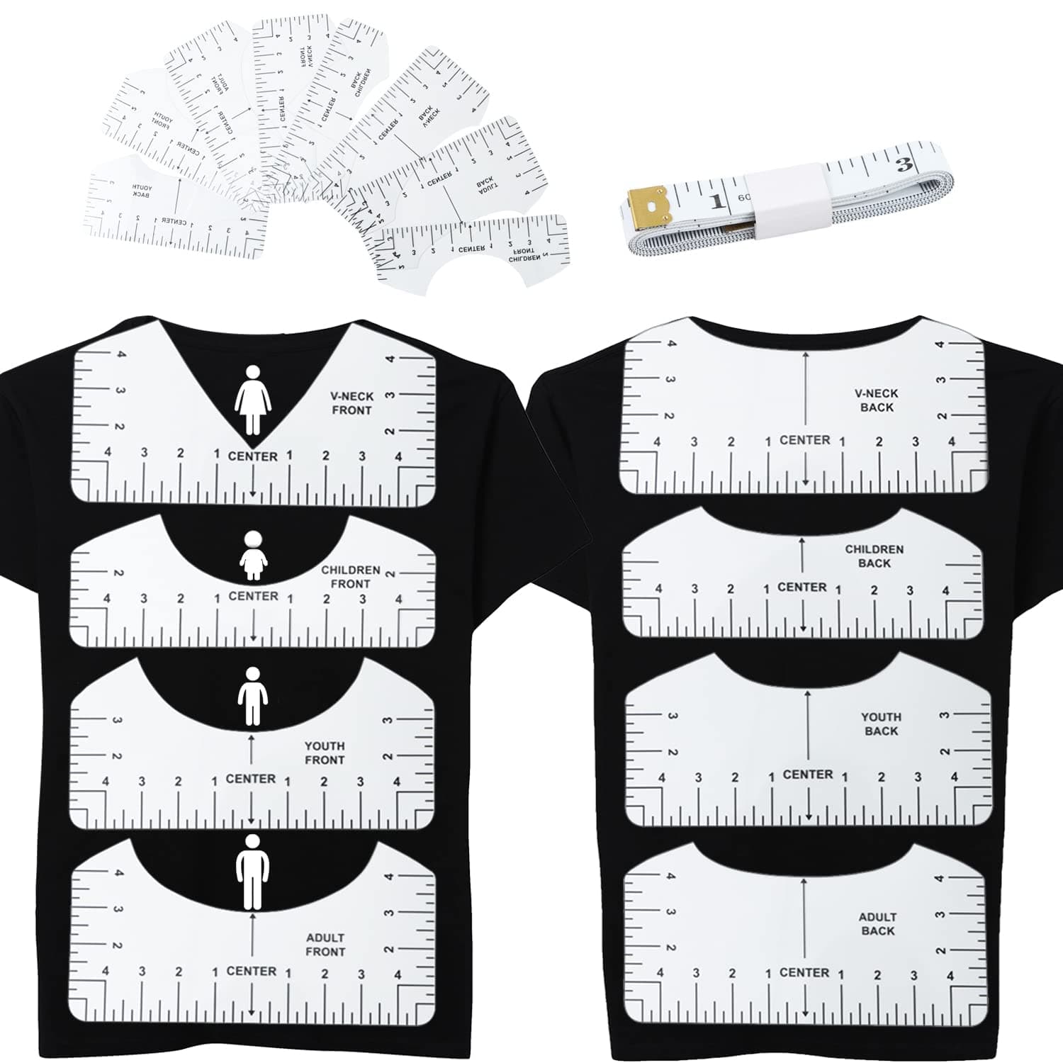 Tshirt-Ruler for Heat Press, Tshirt-Ruler Guide for Vinyl Alignment, Tshirt-Rulers to Center Vinyl, Transparent V-Neck/Round PVC Ruler for Children Youth Adult, Front and Back Measurement 9Pcs (10in)