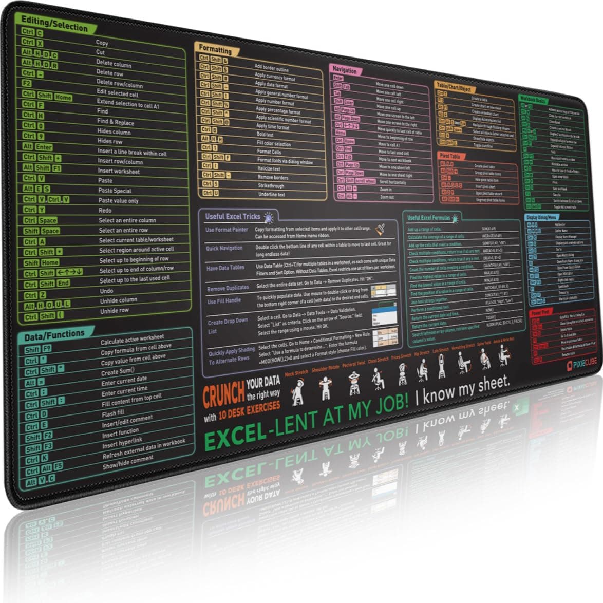 Excel Shortcut Keys Mouse Pad - Extended Large XXL Cheat Sheet Gaming Mousepad | PC Office Spreadsheet Keyboard Mat | Non-Slip Stitched Edge