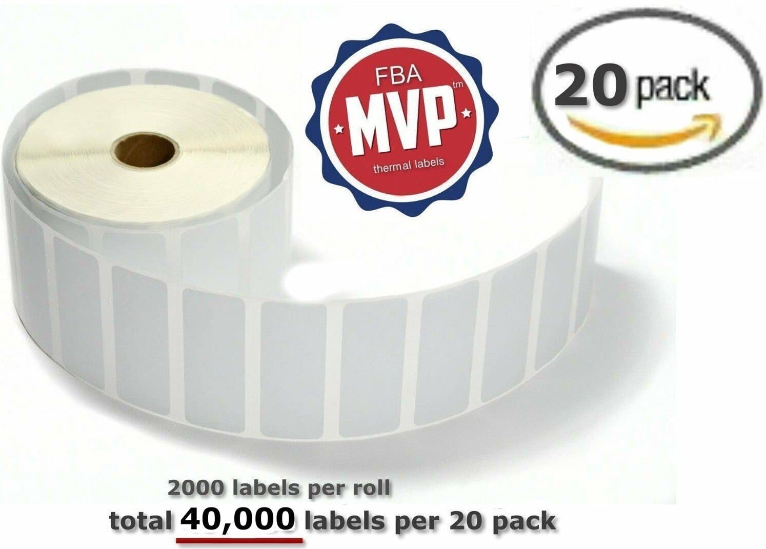 Big Box - 20 Pack Rolls - (20X2000) Total 40,000 Premium FBA Thermal Labels-Self Adhesive- 1" x 2-5/8"- fits Zebra LP2844