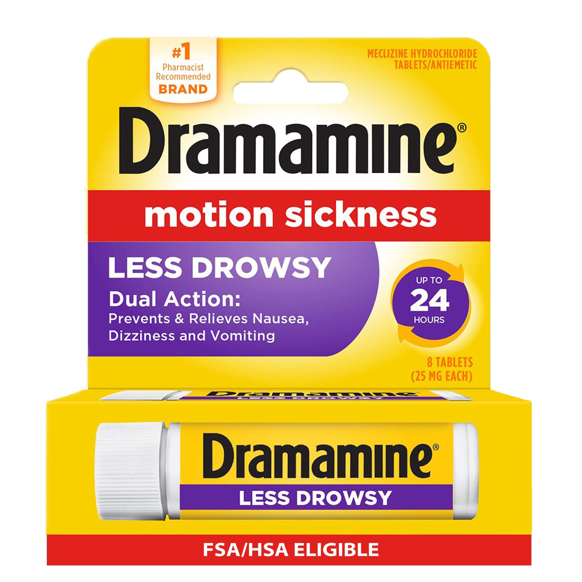 Dramamine Motion Sickness Less Drowsy, Travel Vial, Multicolor, 8 Count