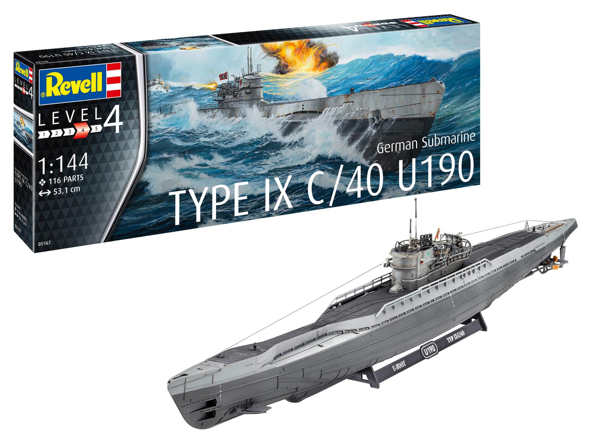 Model Kit I German Submarine Type IX C/40 (U190) I Detailed Level 4 Submarine Kit I 115 Pieces I Scale 1:144 I for Children and Adults from 12 Years, Unpainted