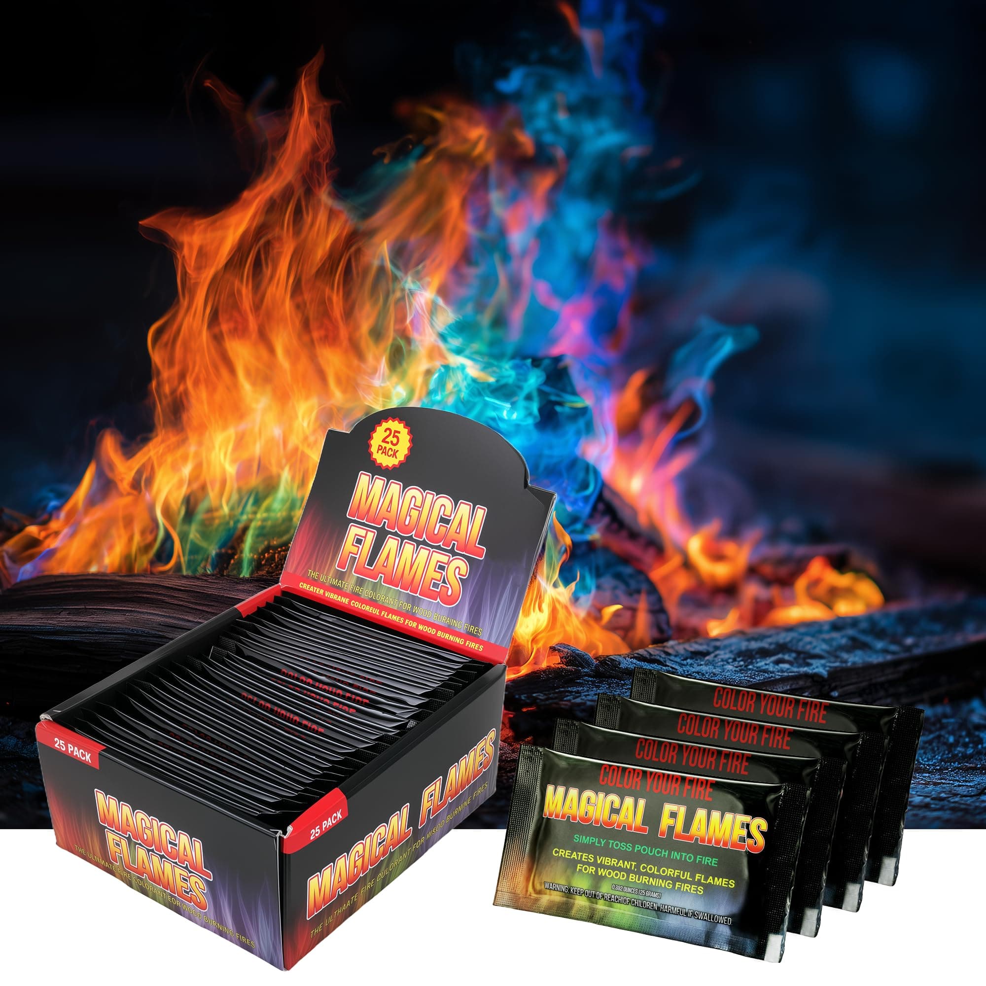 Magical Flames Fire Color Packets (25 Pack), Vibrant Multi-Color Fire for Fire Pits, Campfires, Bonfires & Fireplaces - Camping Essentials & Outdoor Party Accessories