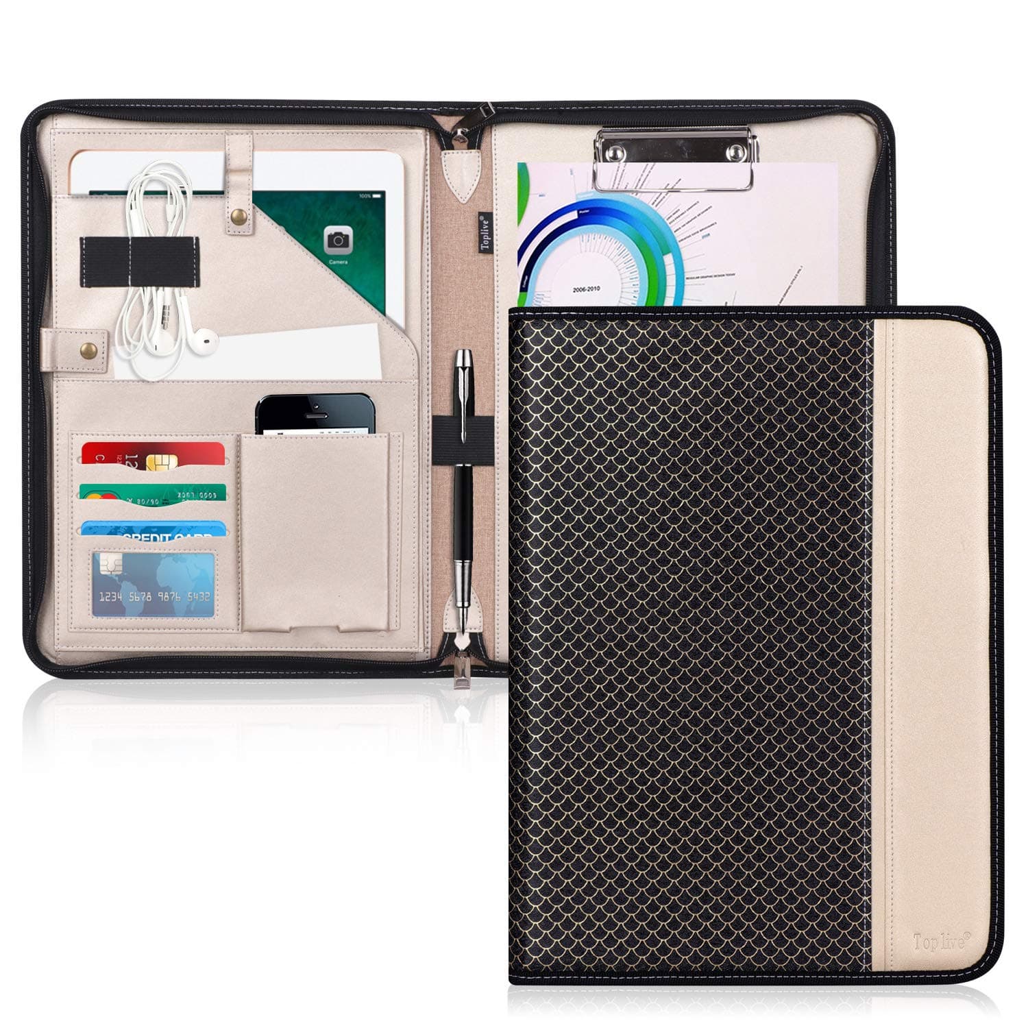 Toplive Zippered Padfolio Portfolio Case,Executive Business Conference Folder Document Organizer with Letter/A4 Size Clipboard, Business Card Holder,Mermaid Black