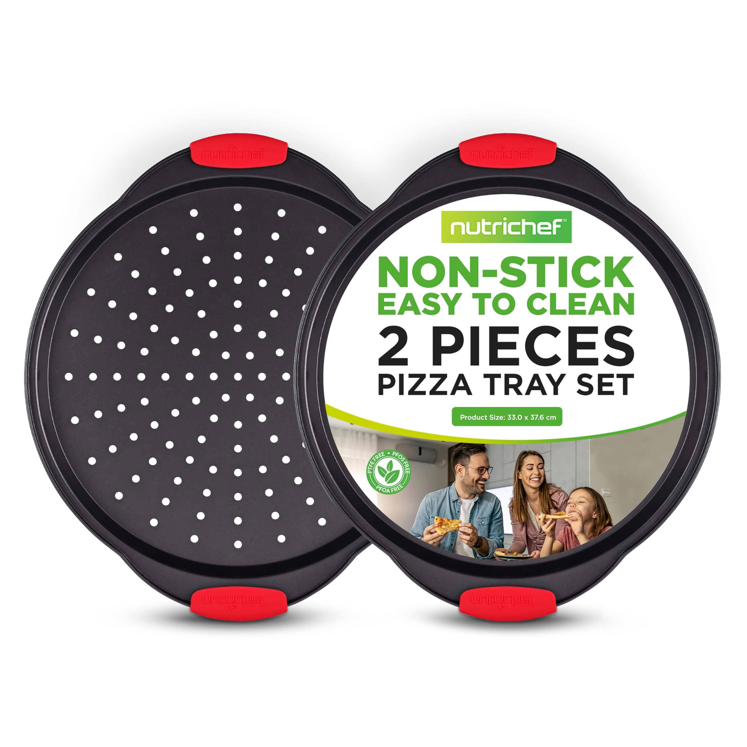 2-Pc. Non Stick Pizza Tray - with Silicone Handle, Round Steel Non-Stick Pan with Perforated Holes, Dishwasher Safe, Pizza Tray with Silicone and Oversized Handle, PFOA, PFOS, PTFE Free