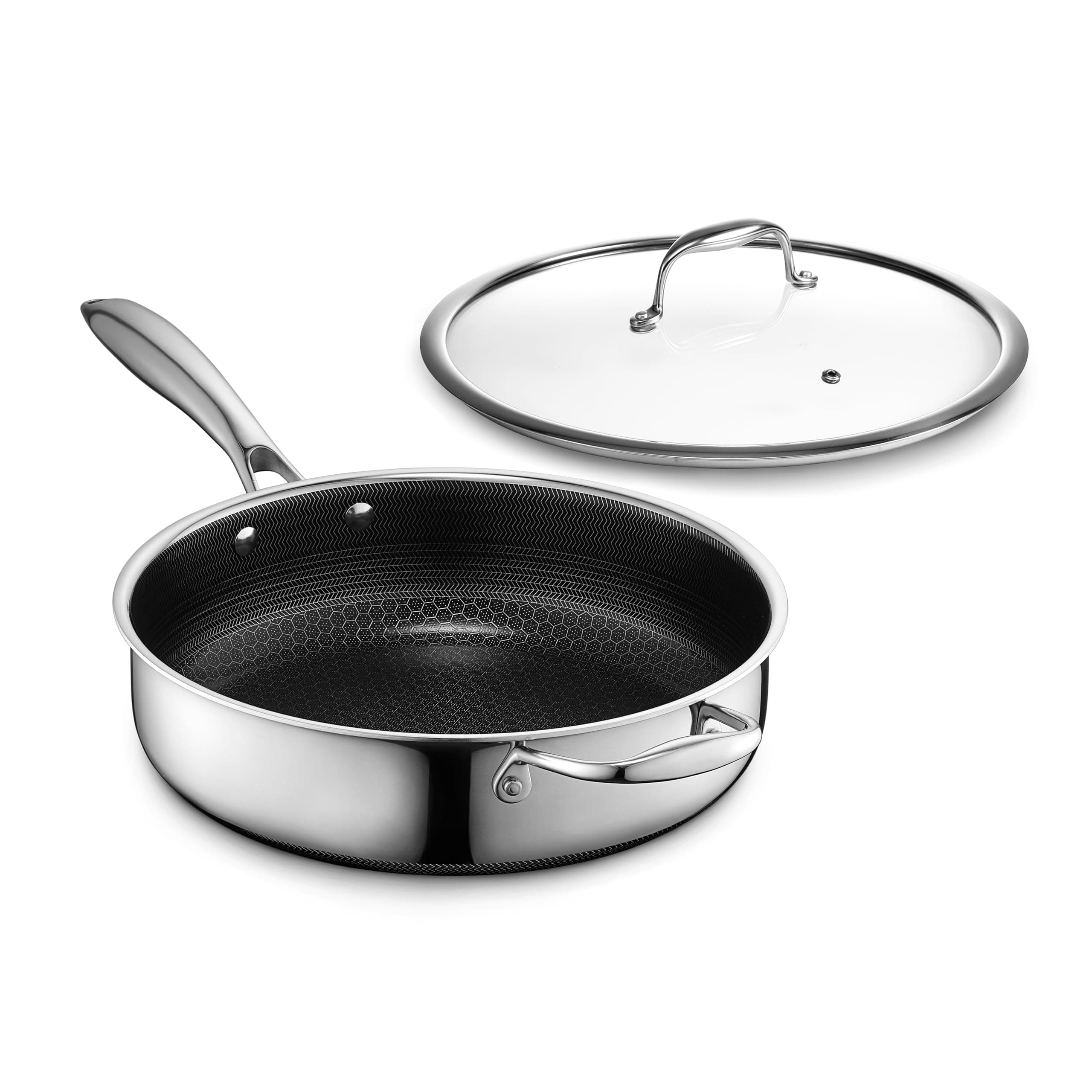 Hybrid Nonstick 3.3-Quart Deep Sauté Pan with Tempered Glass Lid, Stay-Cool Handle, Dishwasher-Friendly, Oven-Safe Up to 900°F, Induction Ready, Compatible with All Cooktops