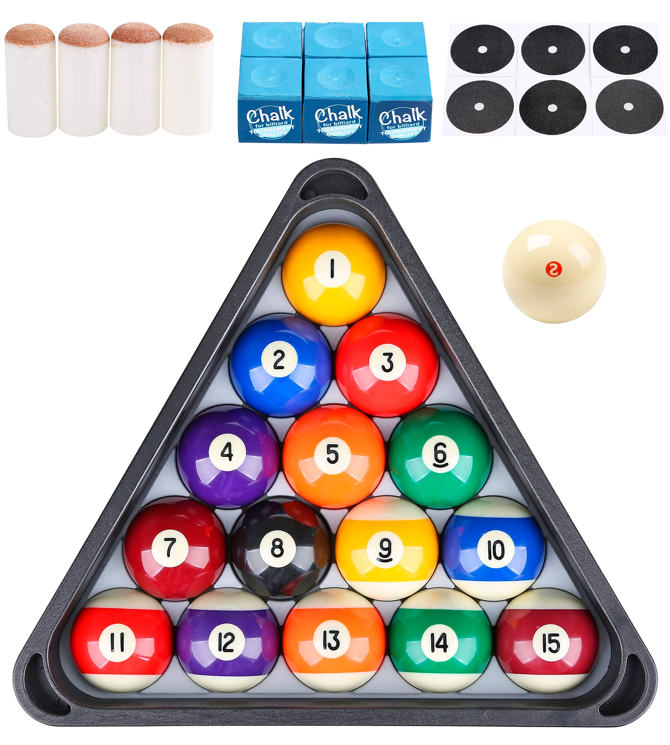 Billiard Pool Balls with Triangle Ball Rack, Cue Chalks, Table Spot Stickers & Tip Replacements - Pool Table Accessories