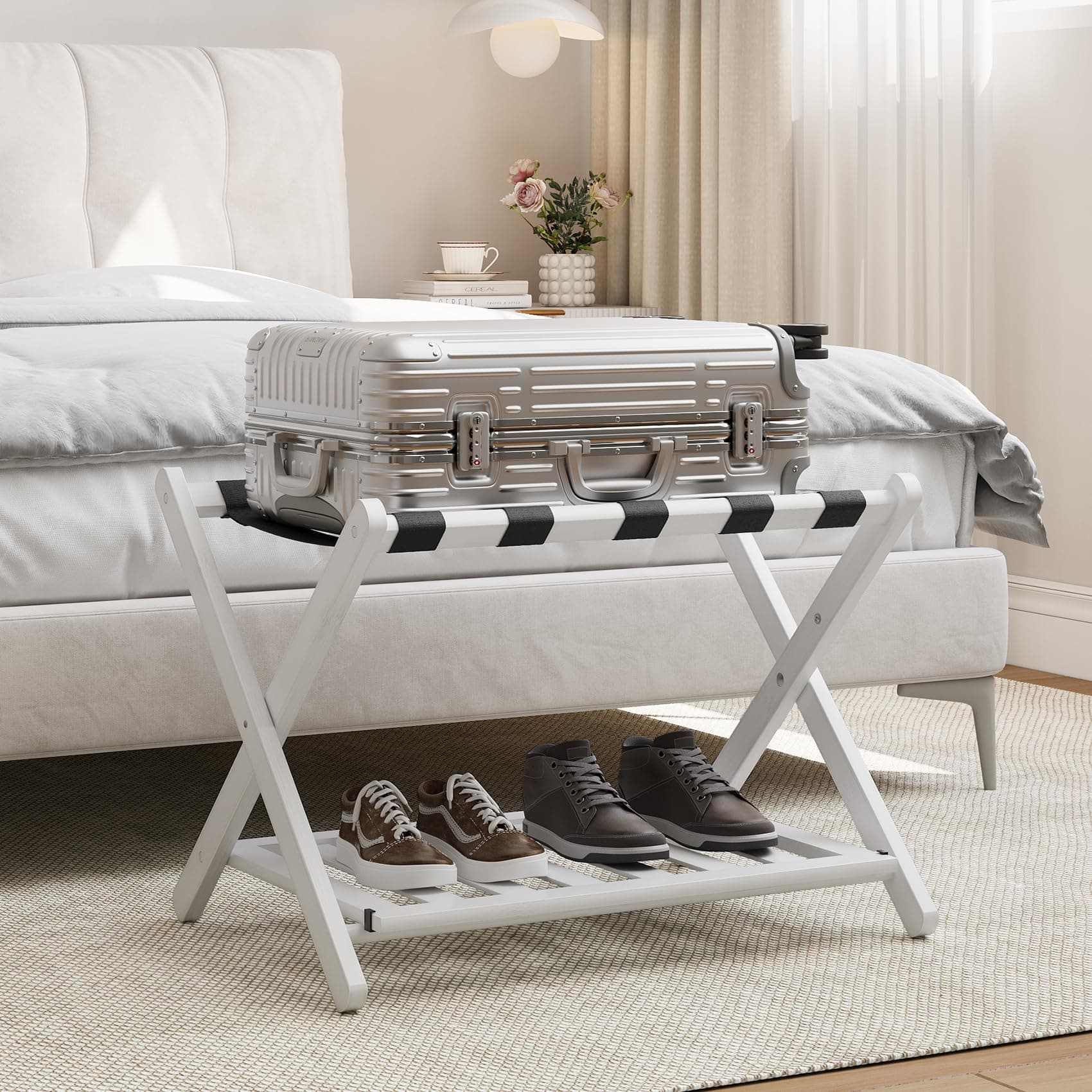 Fully Assembled White Bamboo Luggage Rack, 5 Straps Folding Suitcase Stand with Shoe Shelf, Heavy Duty Wood Large Luggage Holders for Guest Room, Bedroom, Hotel