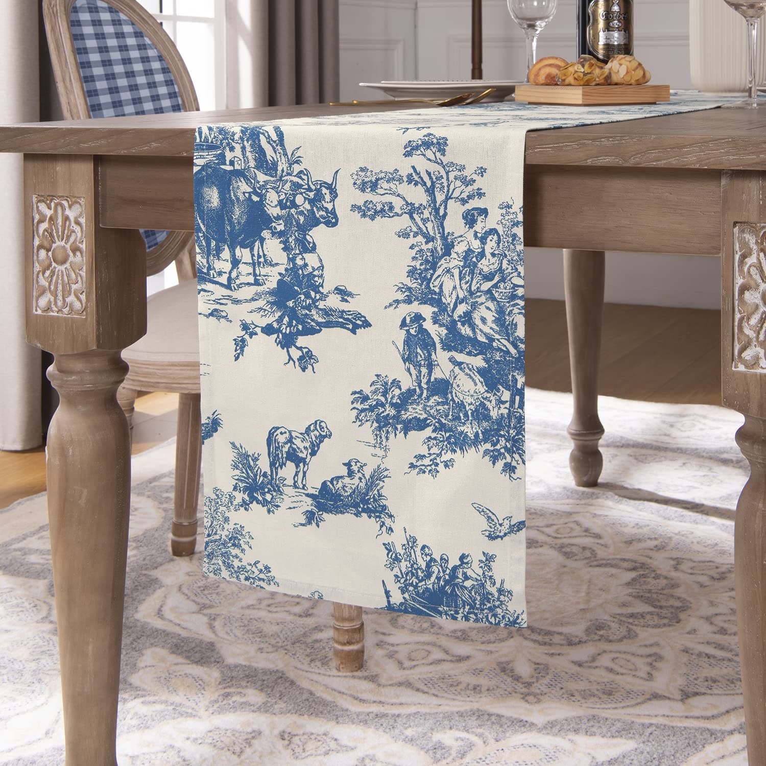 Royal Blue Table Runners 90 Inches Long for Dining Table Decor,Chinoserie Toile Print French Country Tablecloth Table Cloth Runner,Blue and White