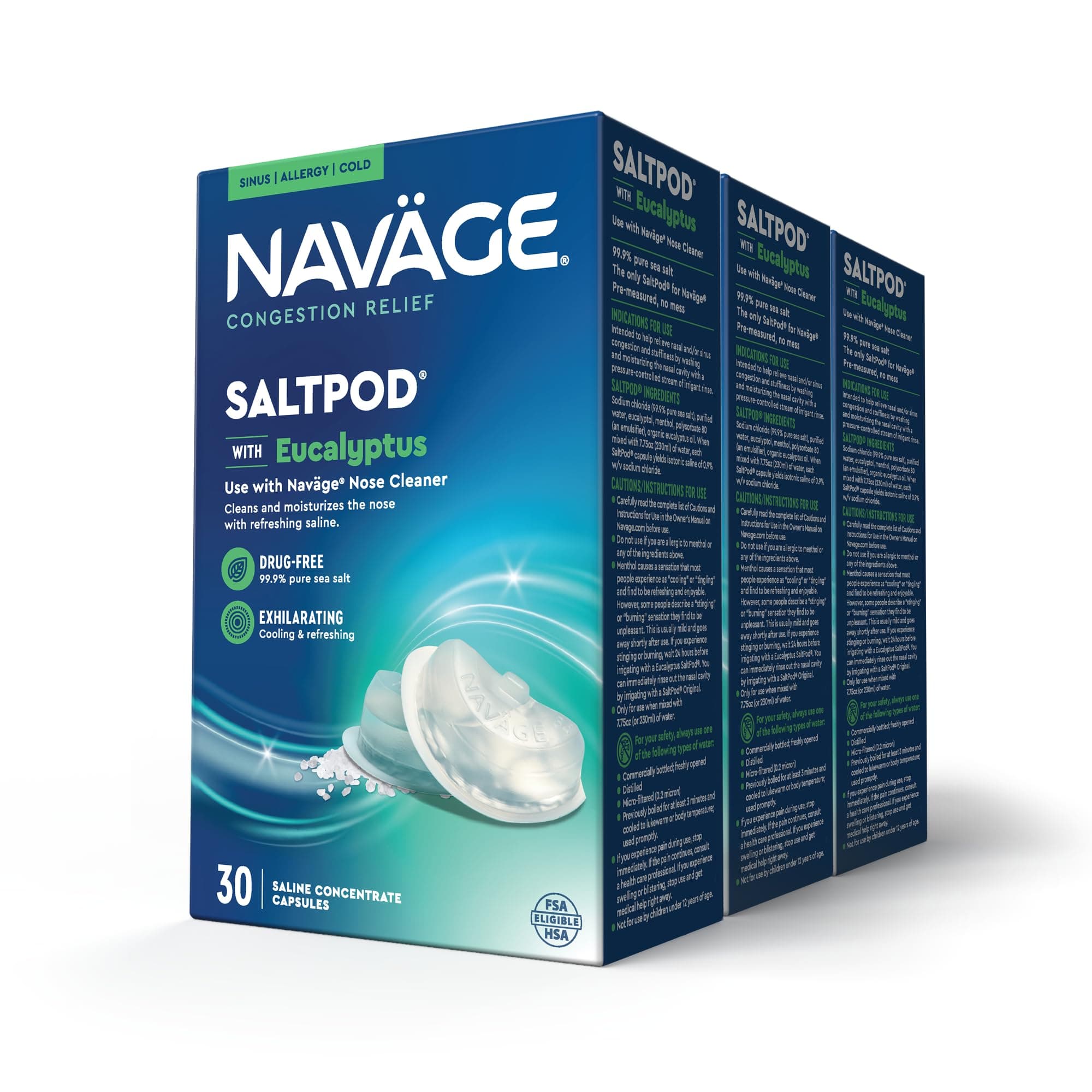 Salt Pods with Eucalyptus (3, 30-Packs - 90 SaltPods) - Refreshing Sinus Cleanse, Pre-Measured Pods Designed Nasal Irrigation System - Fast Sinus Rinse and Congestion Relief