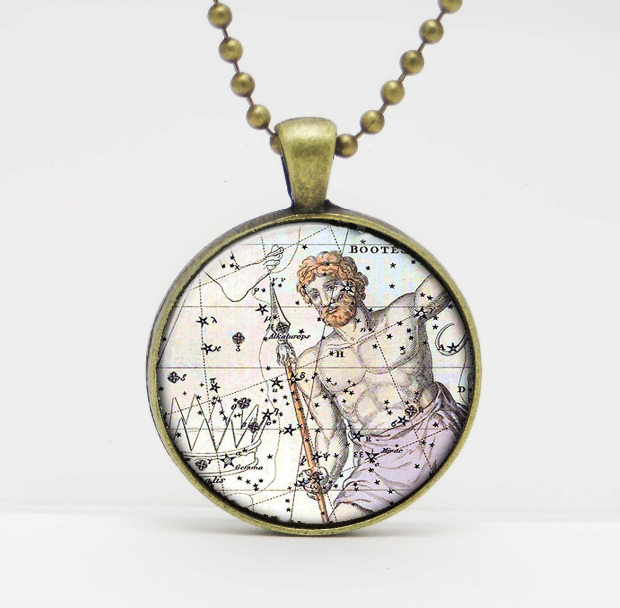 Bootes Constellation Celestial Map Art Glass Pendant or Key Chain- 30 mm round- Chain Included- Made to Order