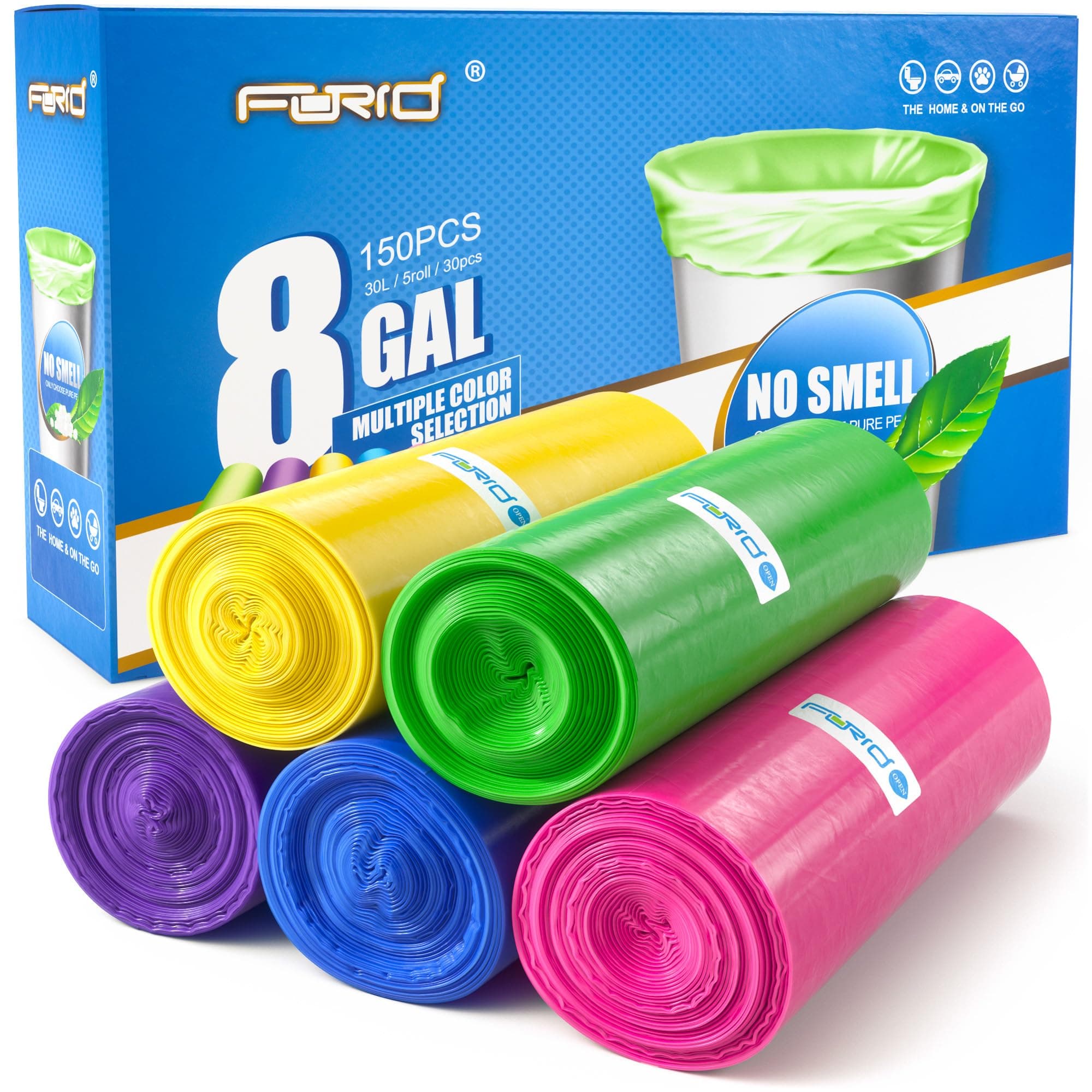 FORID 8 Gallon Trash Bags Multi Colored - Extra Thick Garbage Bags Unscented, Strong Plastic Waste Can Liners for Home Bathroom Office Kitchen,150 Bags 5 Rolls,30 Liters