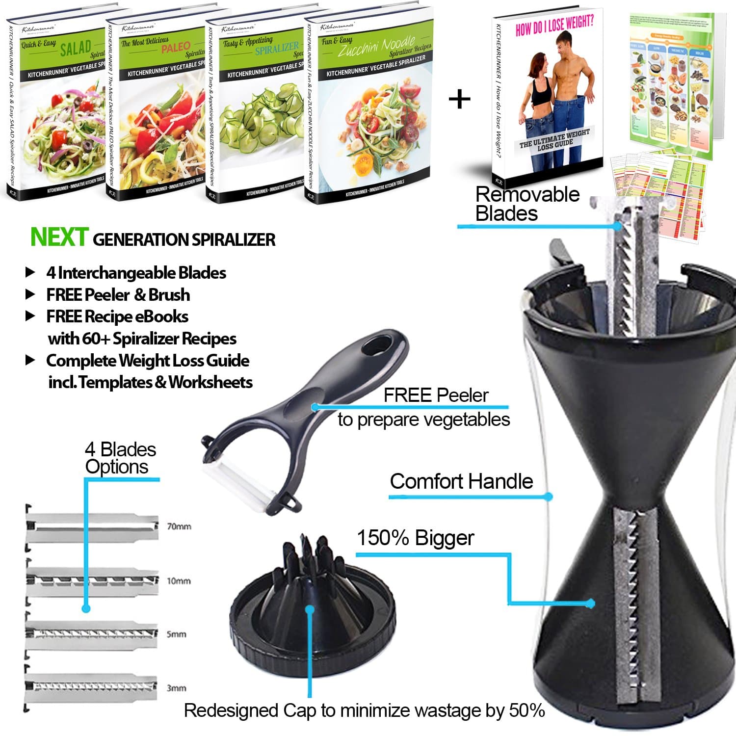 KR 4 Blade SPIRALIZER for Vegetable Spiral Slicer Bundle Stainless Steel Kitchen Carrot Zucchini Veggie Spaghetti Julienne Pasta Noodle Maker Machine & Peeler Brush Free Healthy Recipe eBook - Black